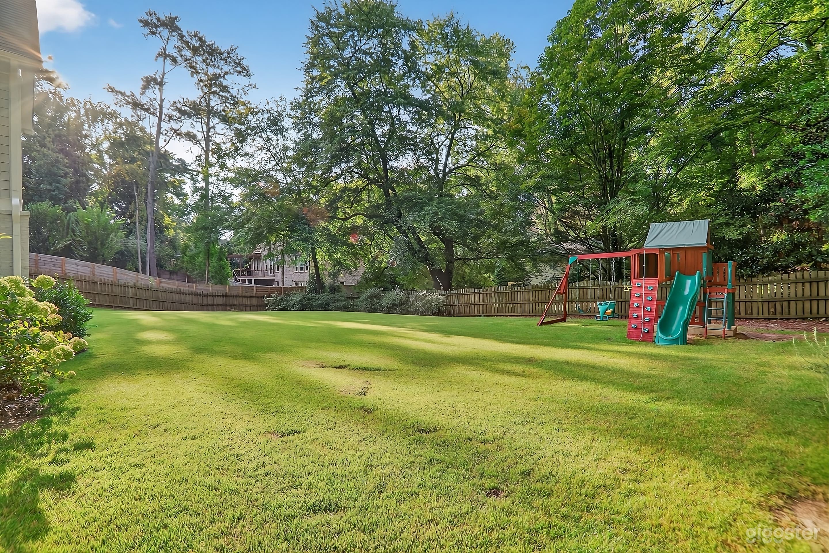 Sunny Lawn Backyard with Playset Photo 1