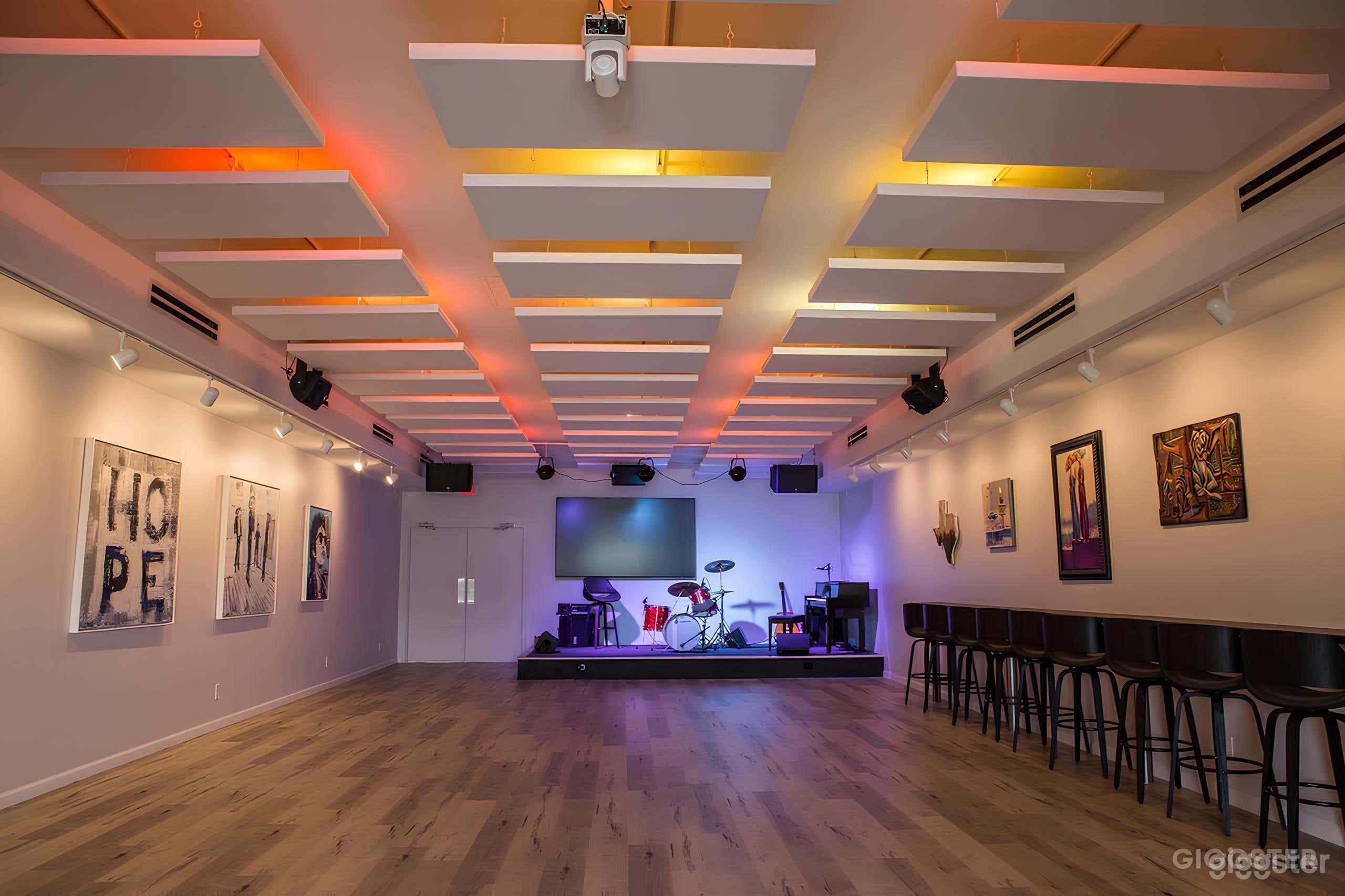 White panels in the ceiling with LED color changing bulbs to match your desired theme and look. 