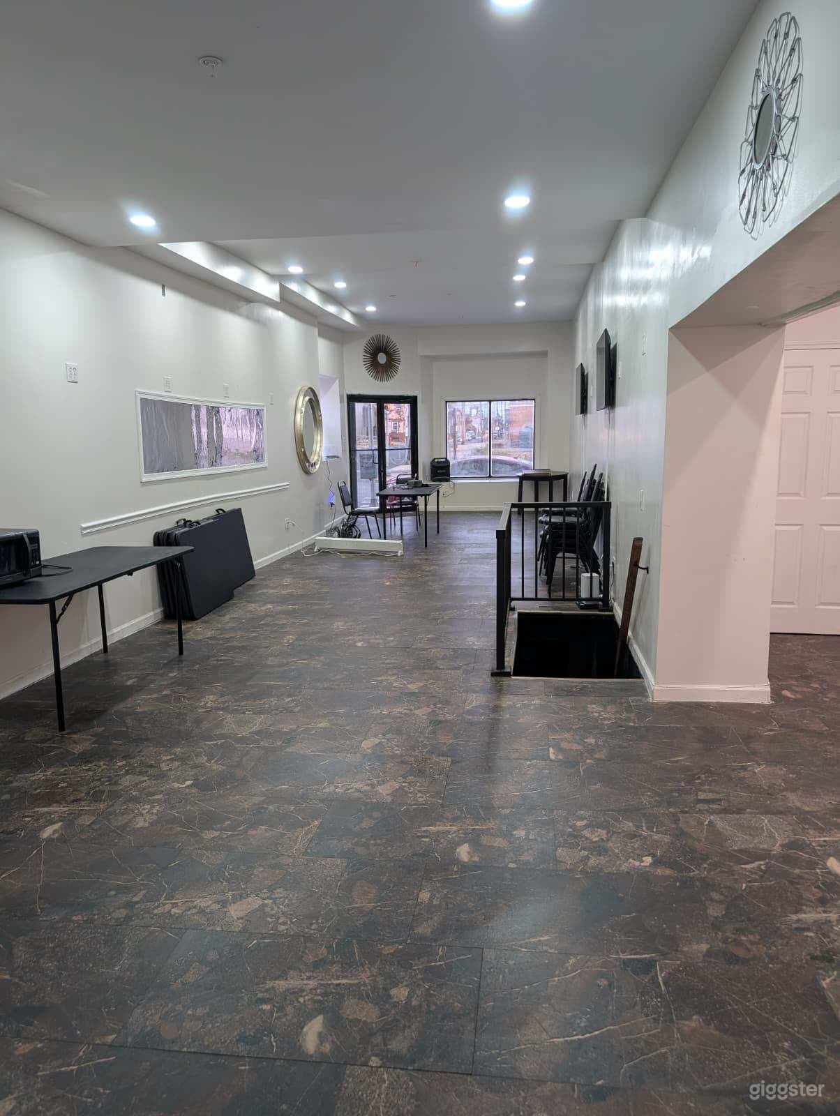 The upstair space without the chairs and tables.