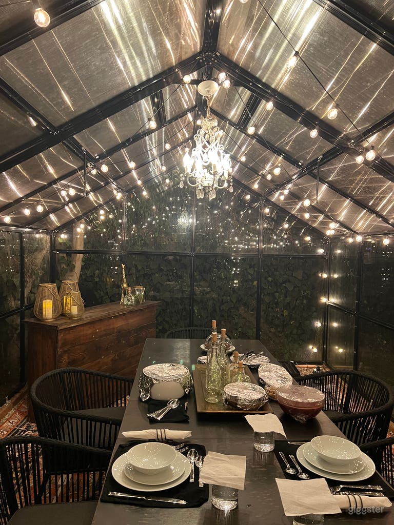  Rustic wood bar, string lights and chandelier 