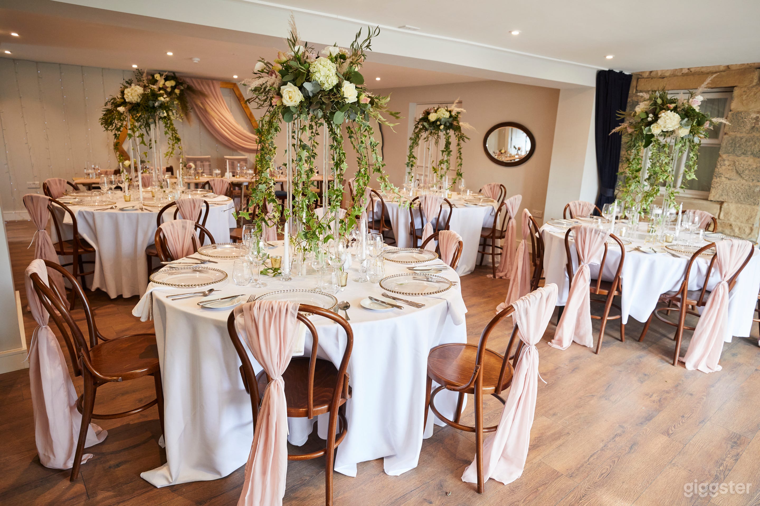 courtyard room set for a wedding 