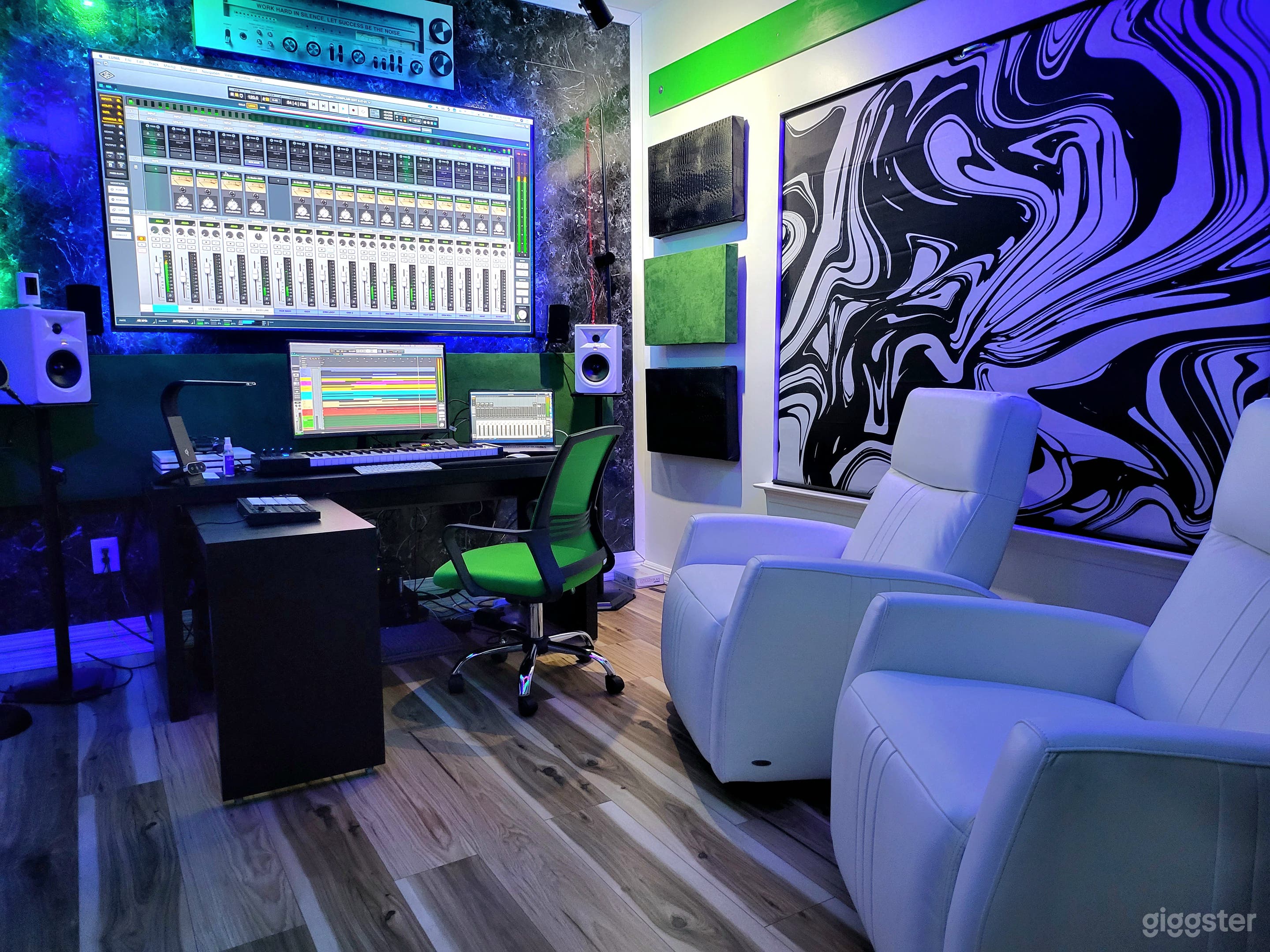 B room geared more towards pre-production recording and writing. Full studio vibe