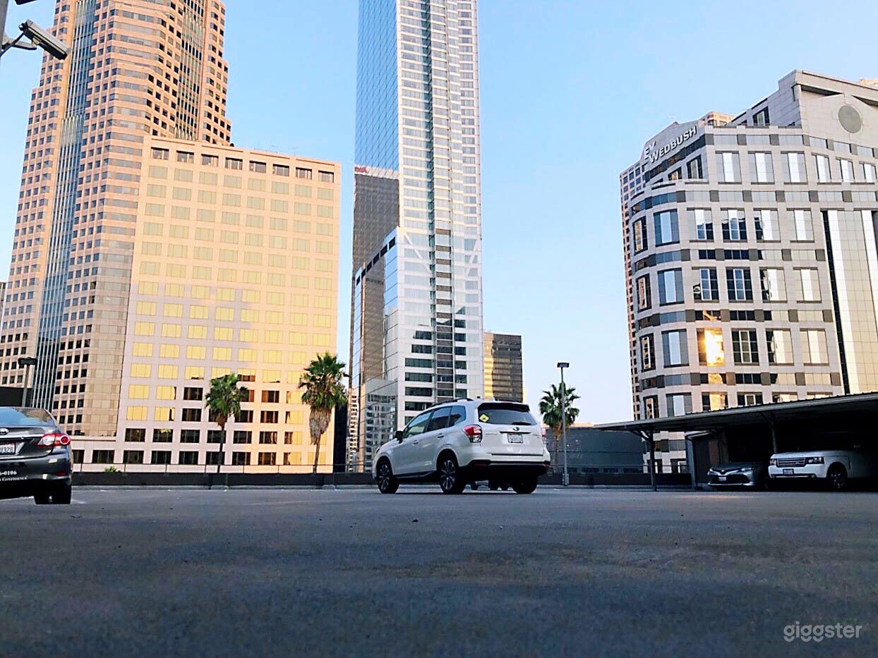 Downtown LA rooftop with city view and beautiful lights at night. 