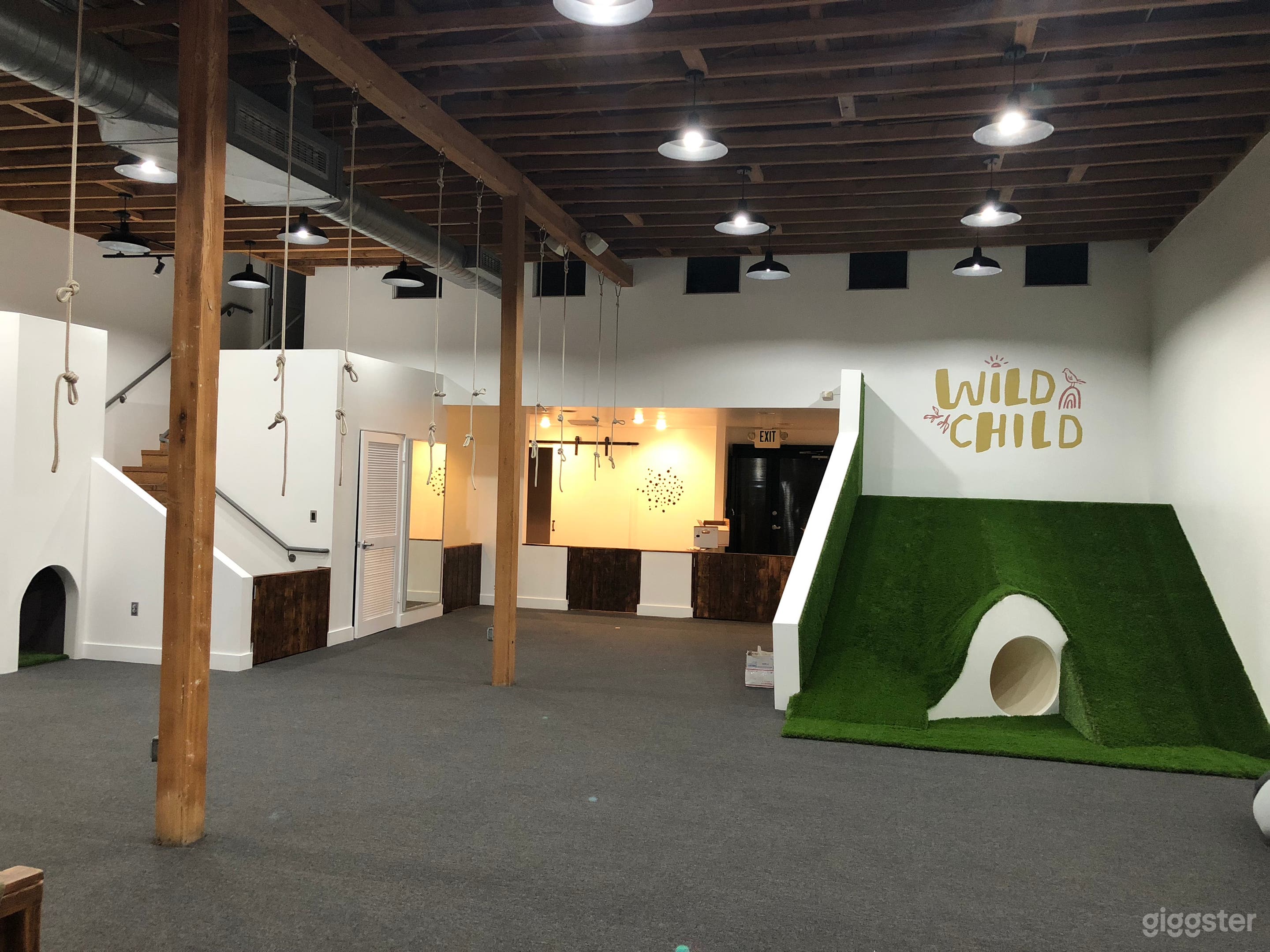 Main Playspace with hill, tunnel and ropes to hang equipment, gymnastics apparatus, etc.