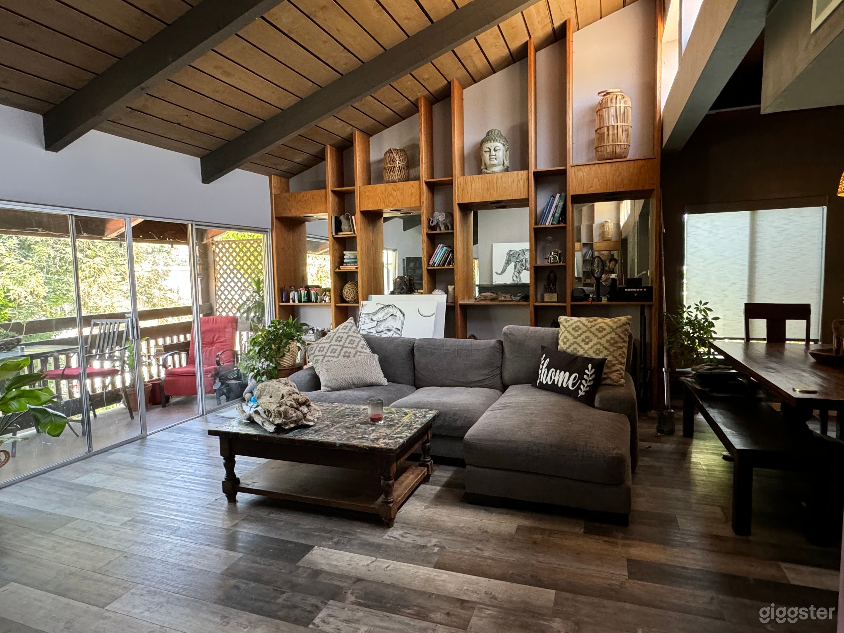 Living room with cabinet walls.