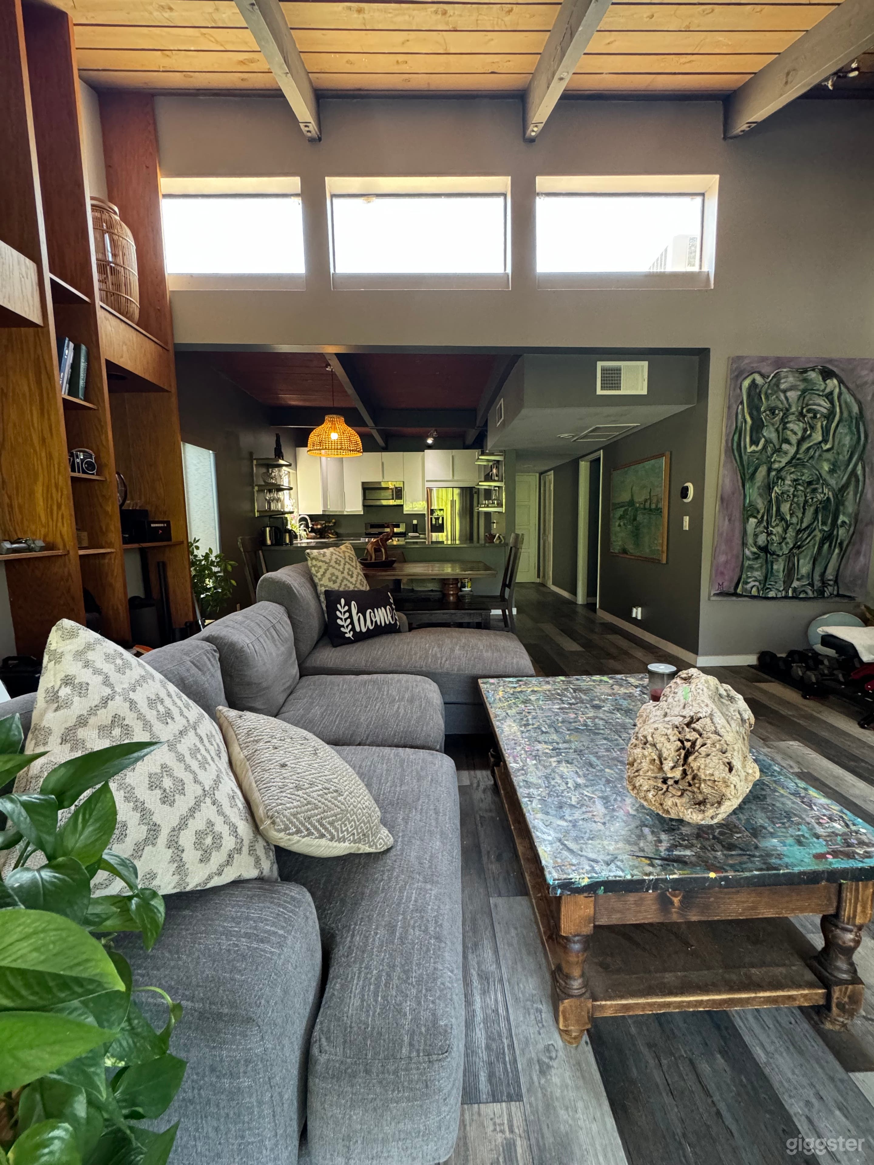 Living room with kitchen view.