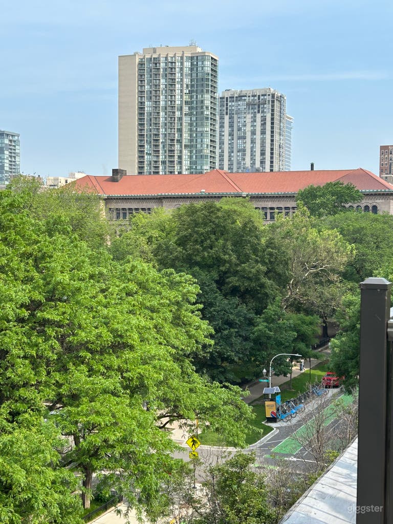  View of Washington square park and Newberry library from roof deck  