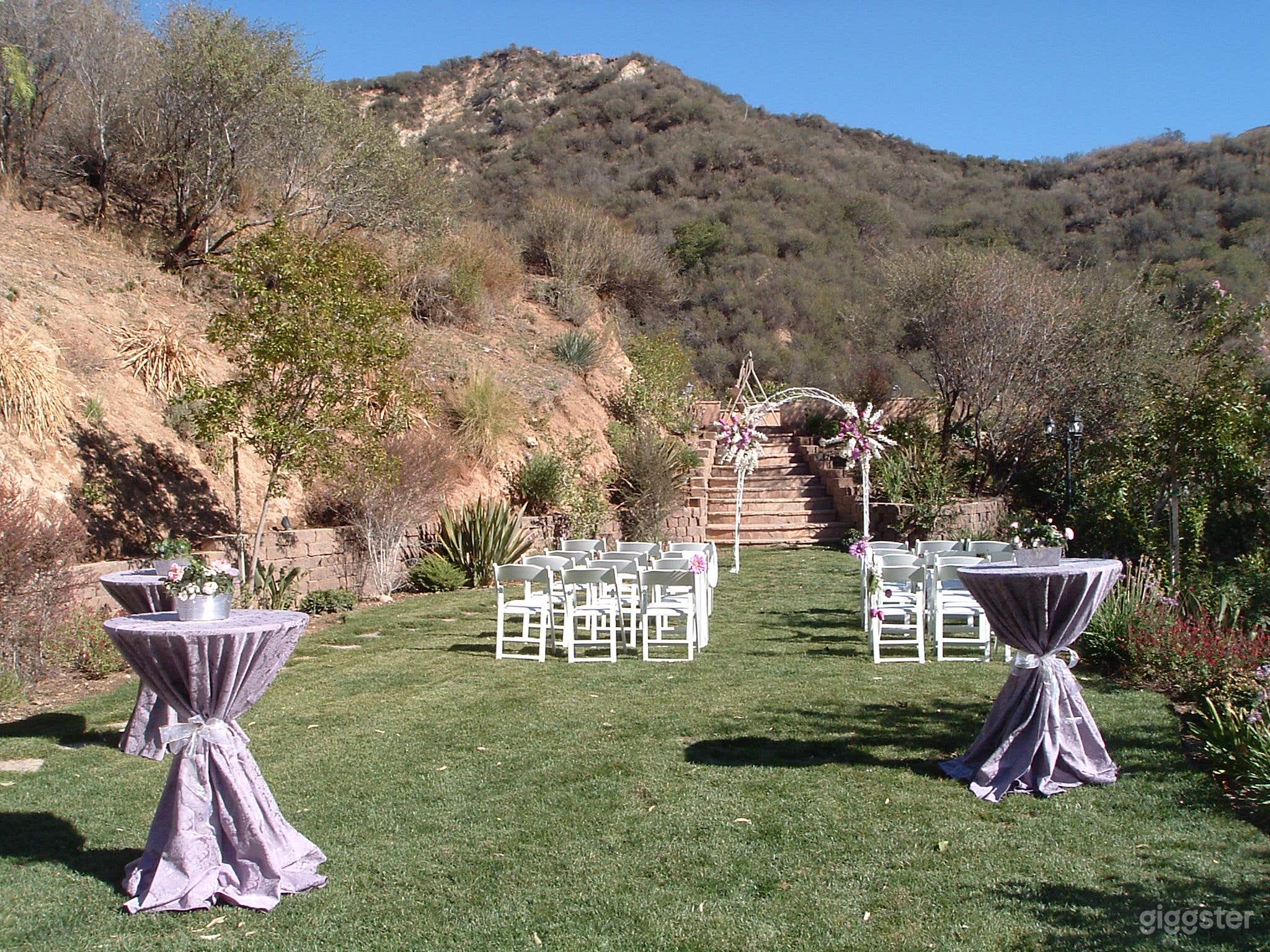 steps to patio for great overhead shot of road, bridge, canyon