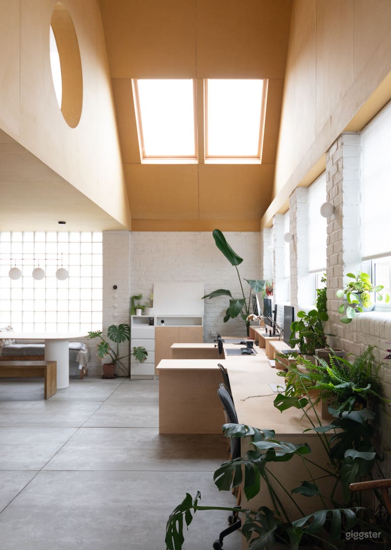  Main space with double height and yellow wood-clad ceiling 