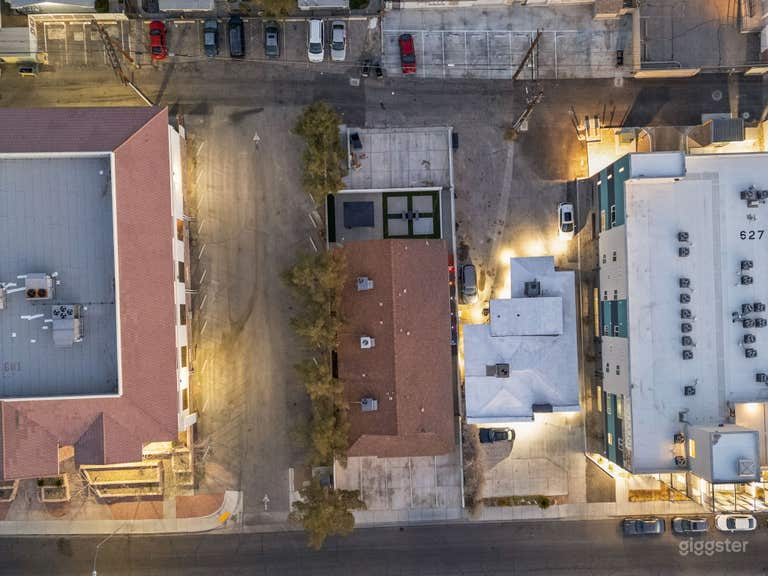 Aerial overhead of the entire property, office parking to left and rear alleyway.
 