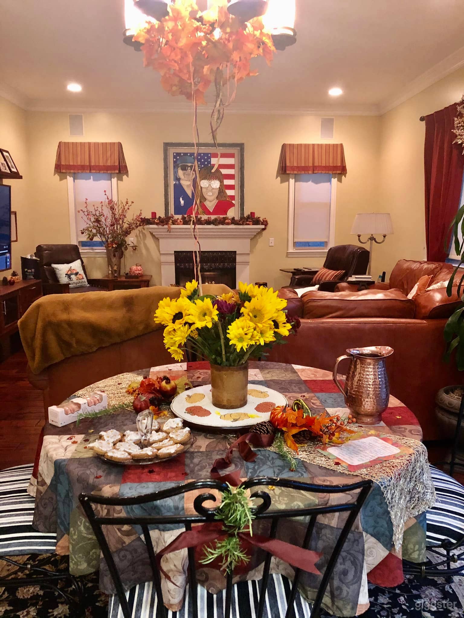 Second dining room decorated for Spring with family room in the back