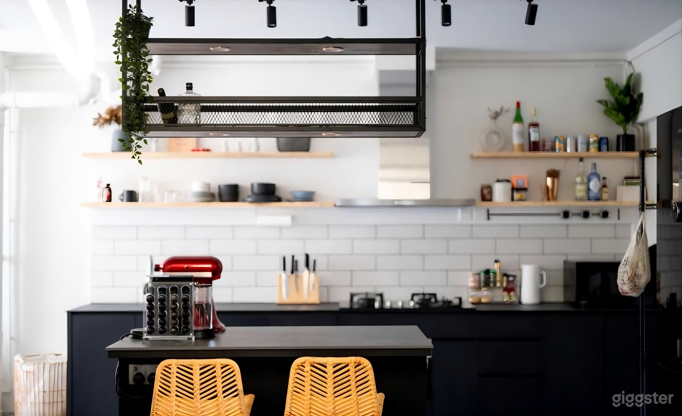 Kitchen Island with hanging rack and open shelves