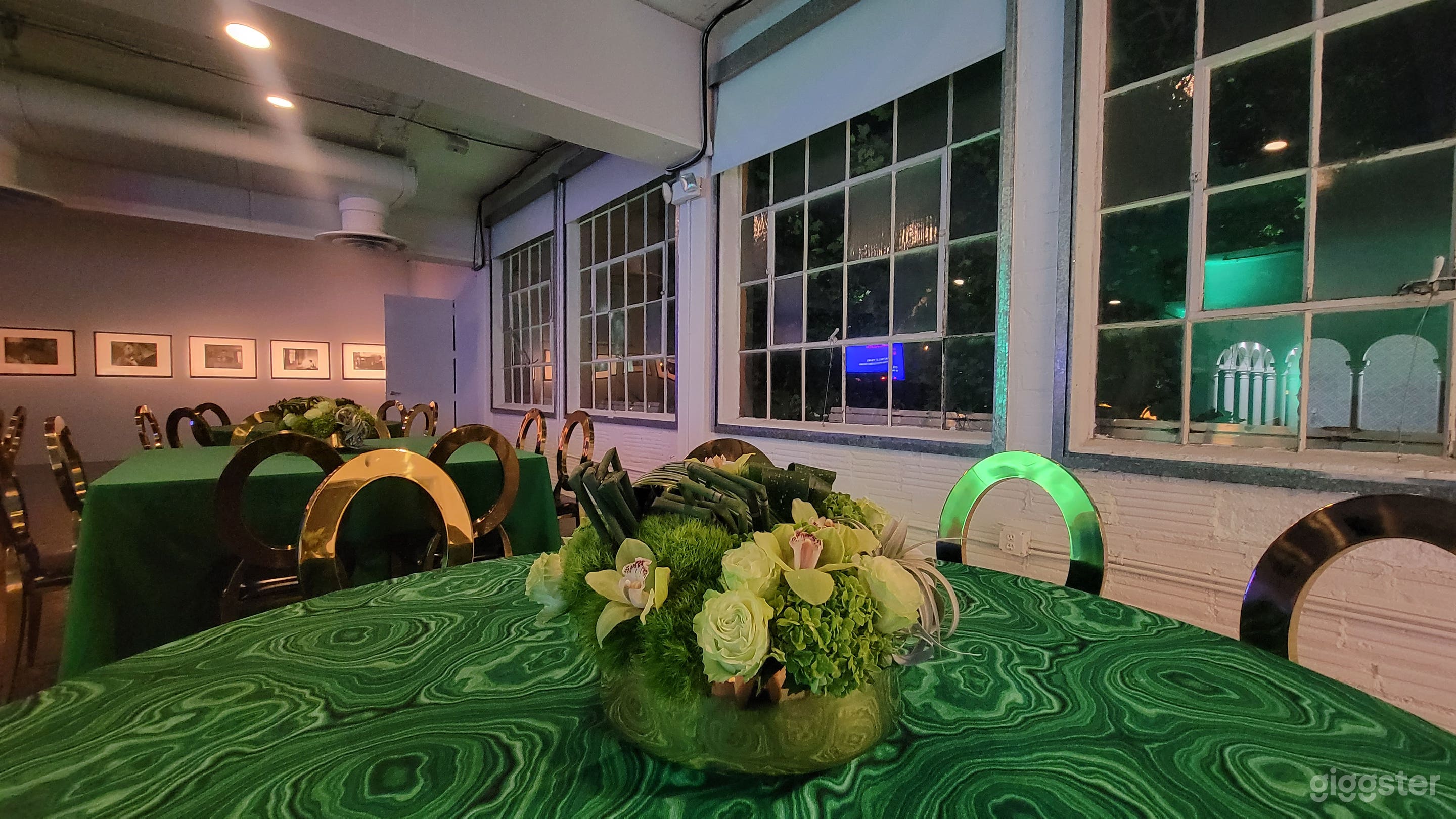 Rented tables and chairs for an evening event in the Hudson Showroom. 