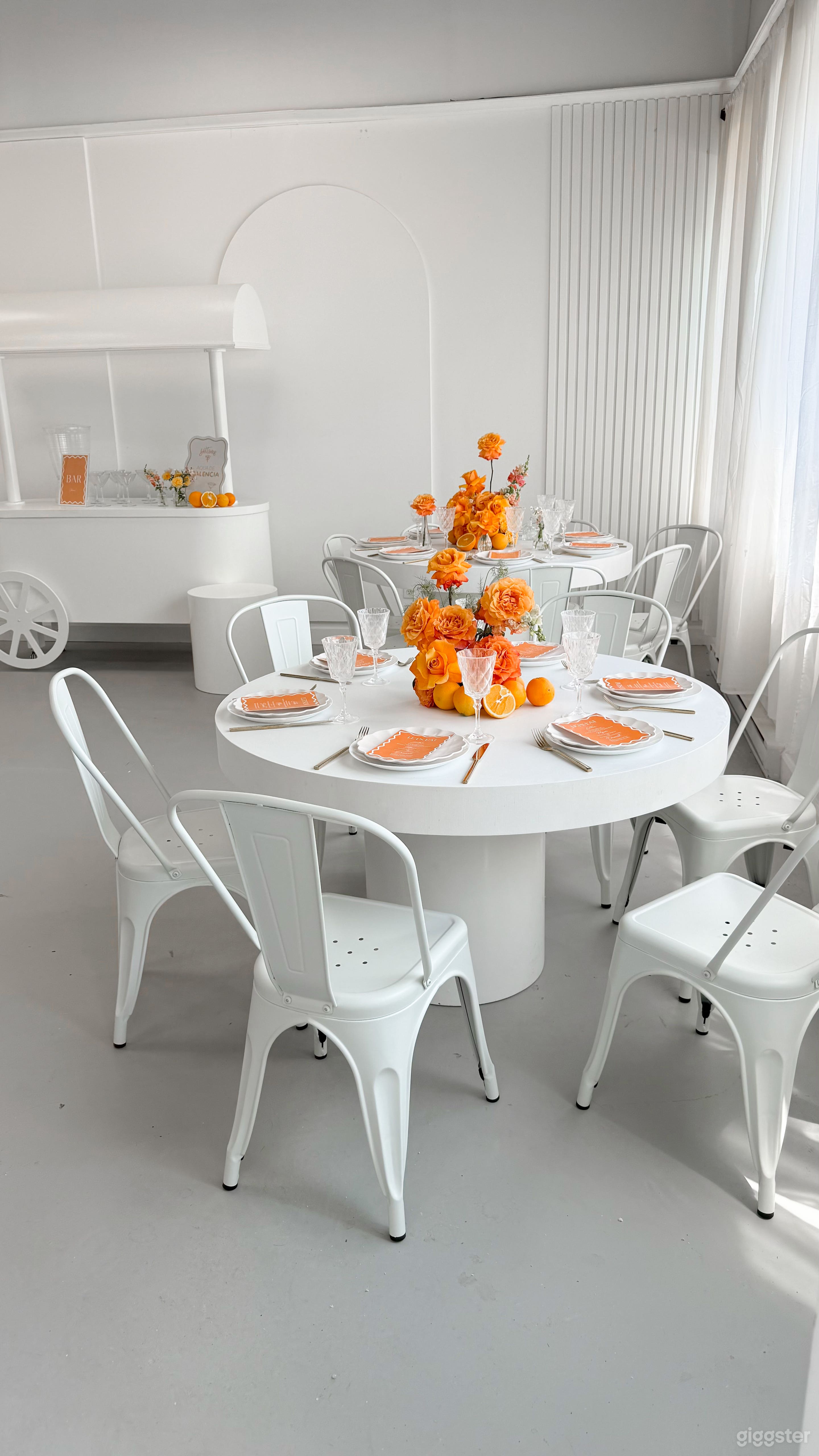 Modern tables and chairs setup with bold floral styling
A fresh and vibrant setup for private events, branded dinners, or creative gatherings. Minimalist meets pop of color.