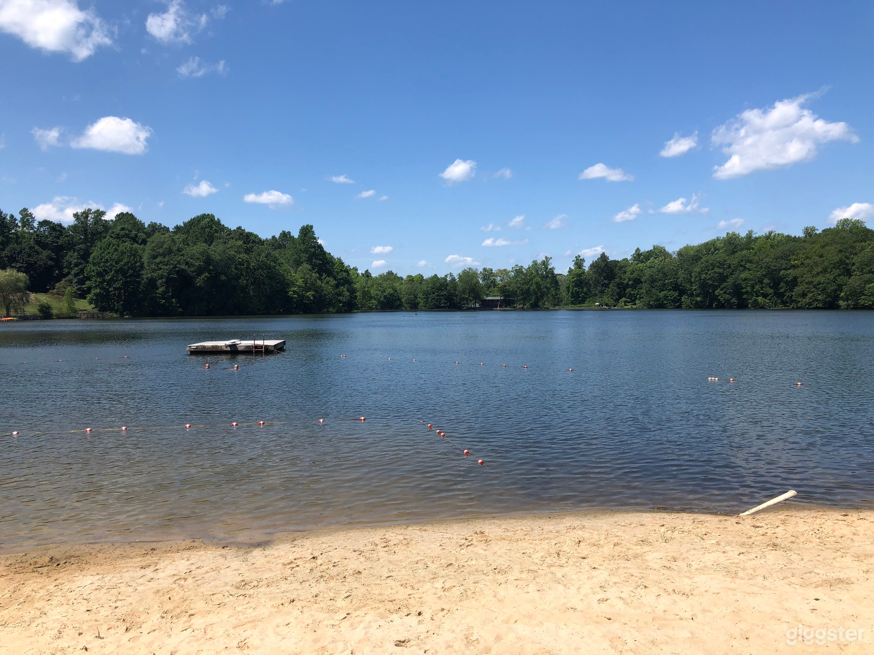 Lake, dock and beach area.