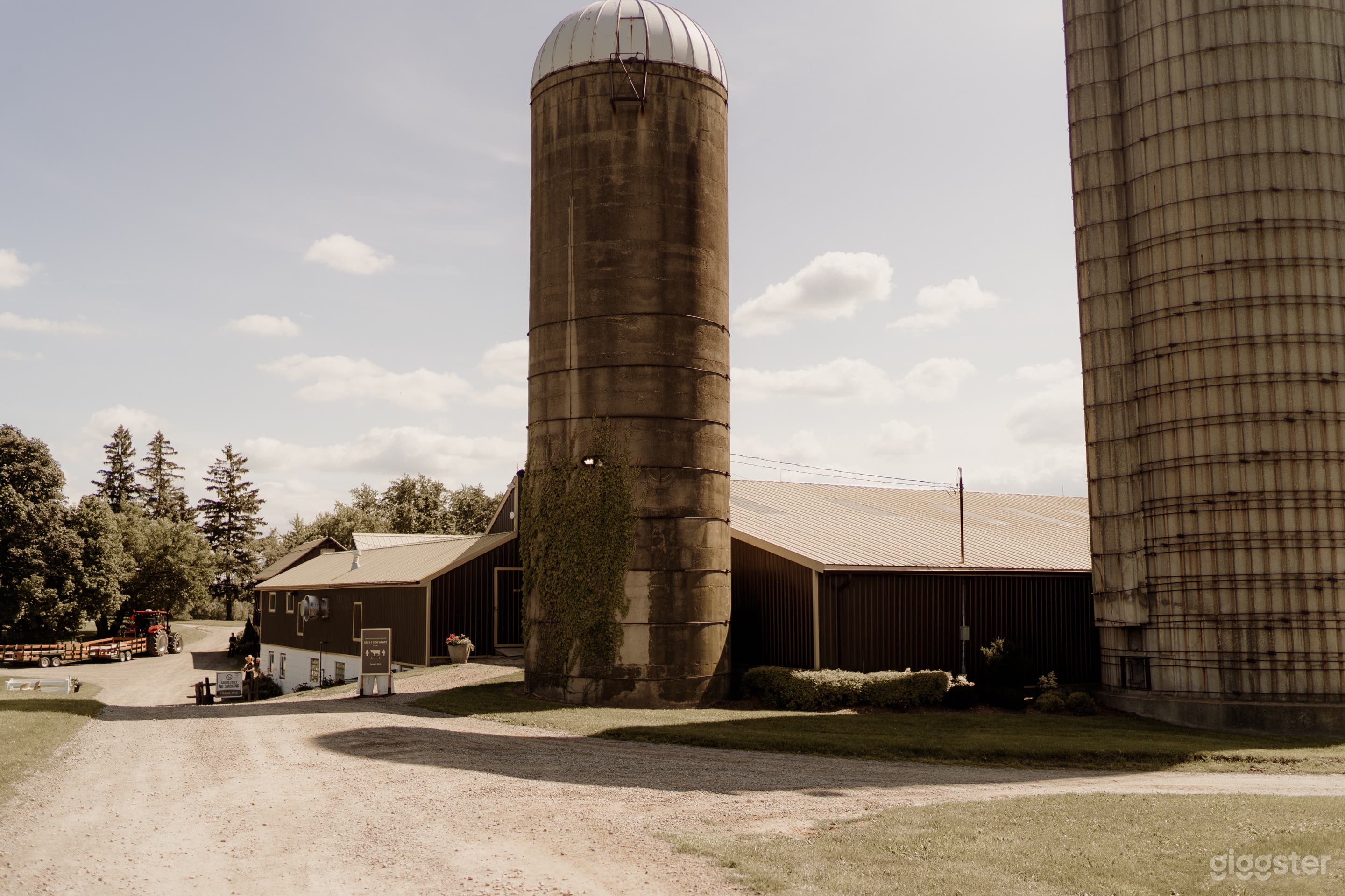 Entry to the farm, large silos