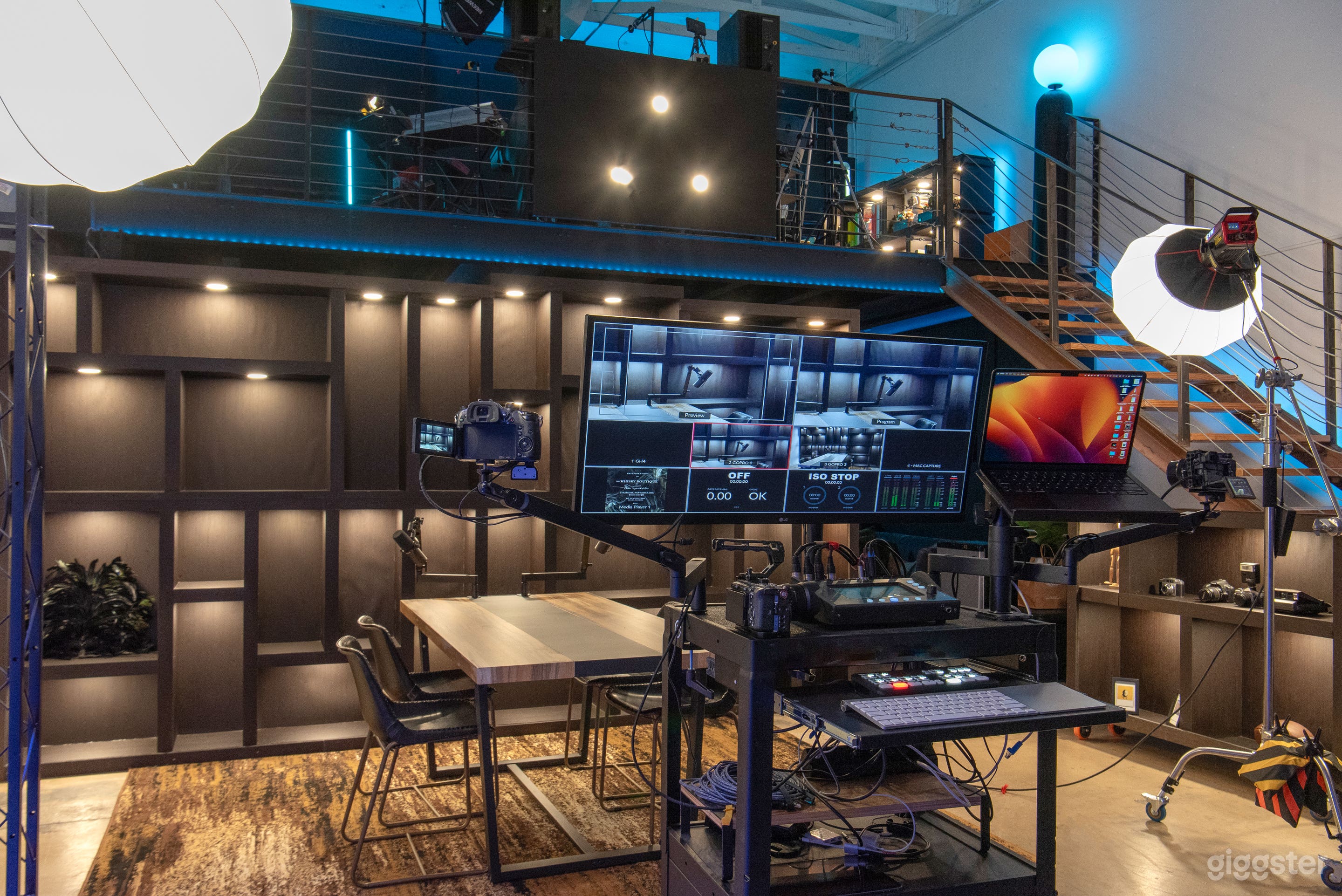 Shelves set, podcast production station, 2 DSLR cameras, Allen&amp;Heath CQ-12T mixer, screen monitor, laptop stand, keyboard and mouse, lighting and stands