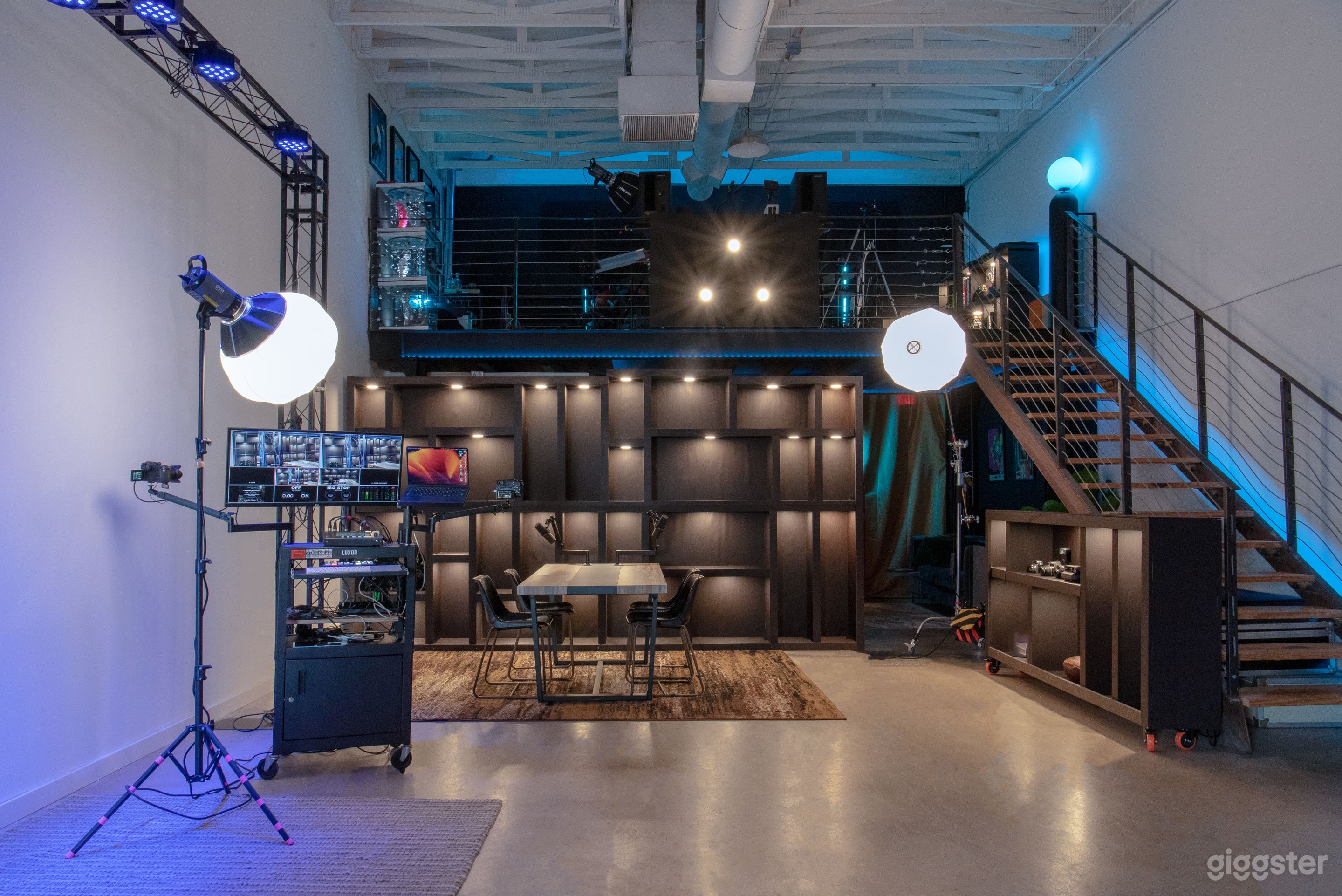 Shelves set, podcast production station, 2 DSLR cameras, Allen&amp;Heath CQ-12T mixer, screen monitor, laptop stand, keyboard and mouse, lighting and stands