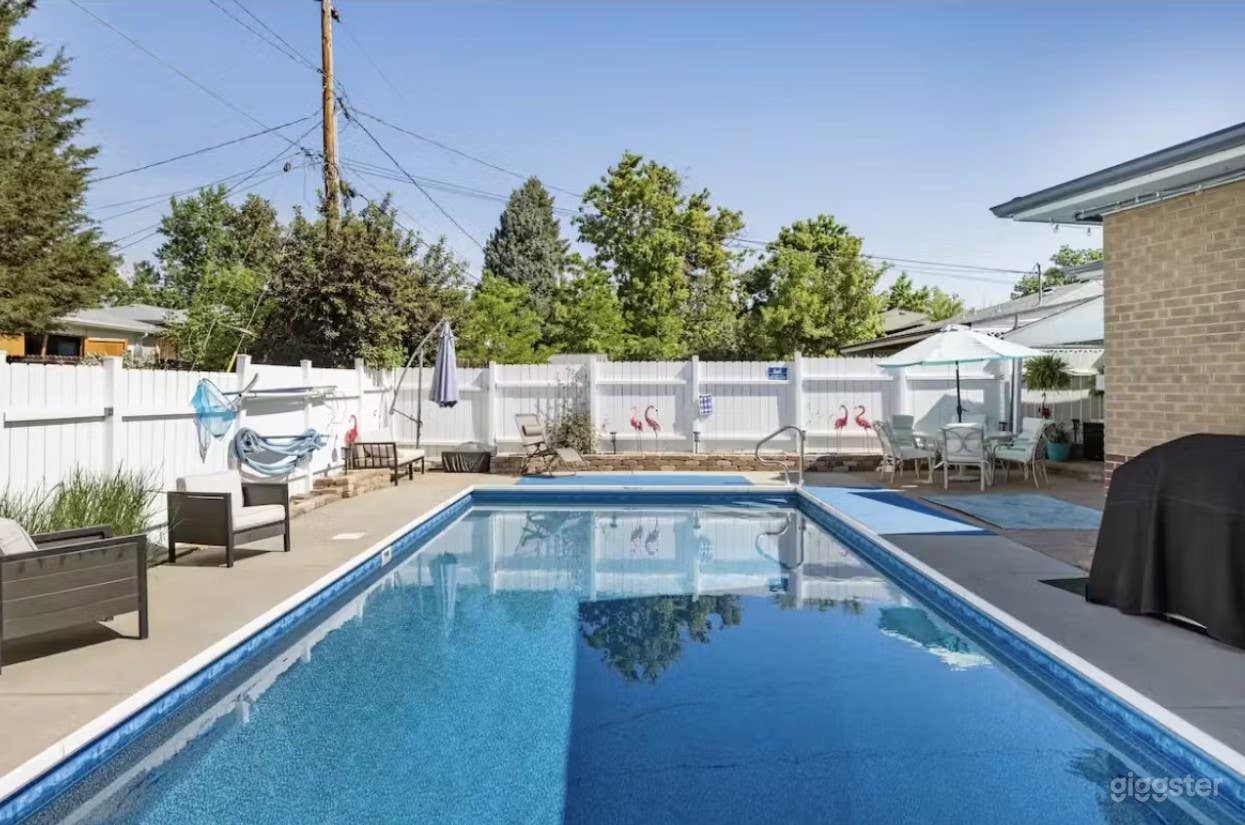 Fantastic heated pool with diving board, 9 1/2 feet deep, 3 foot shallow end. Fantastic in the day and beautiful at night with lit pool and lounging area.