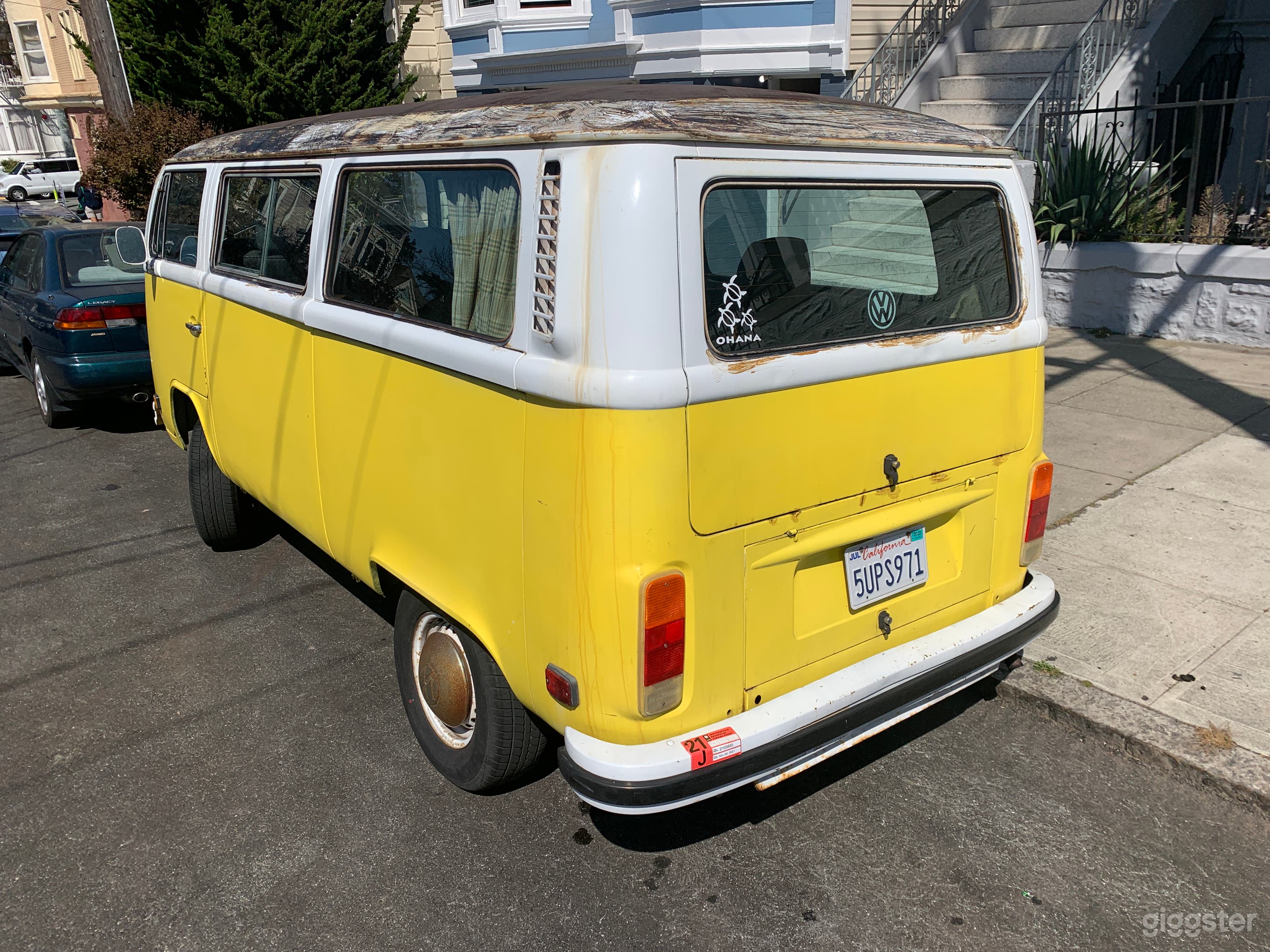 Our yellow and white 1979 Volkswagen transporter van with 7 seats.