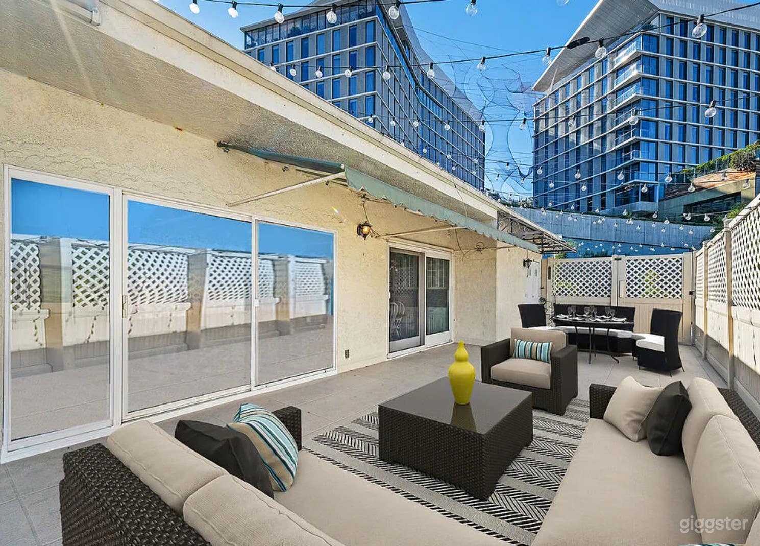 700-sq-ft private rooftop terrace with panoramic city views — spacious, open, and easy to stage for any production.