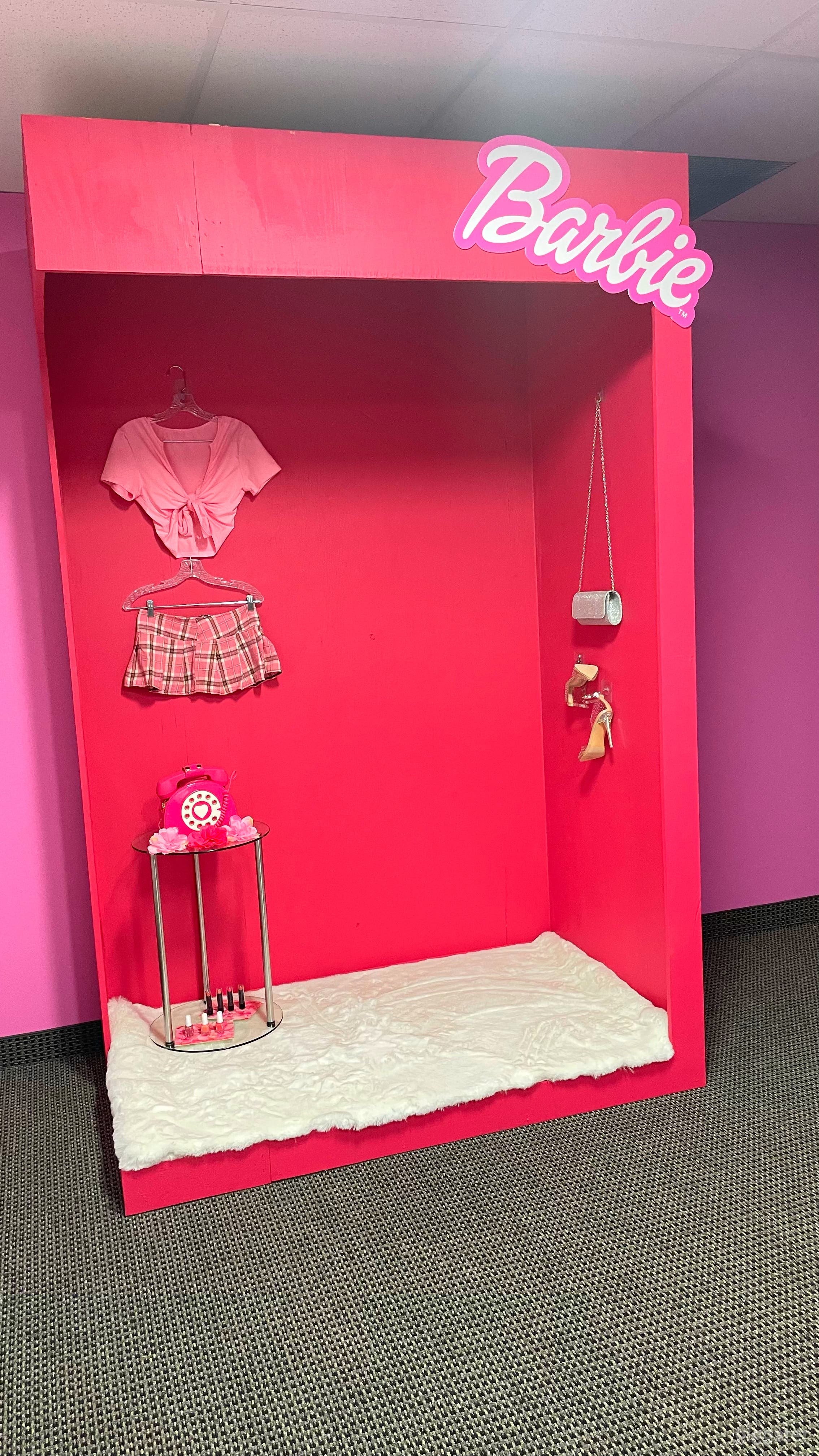 The BarbiePinkRoom studio/creative space is located in North Dallas. Nice sized windows allowing you to see the beautiful view outside. We have a 7ft tall and 4ft wide life size Pink Barbie Box with REAL Barbie accessories inside the box. Space has a wide 