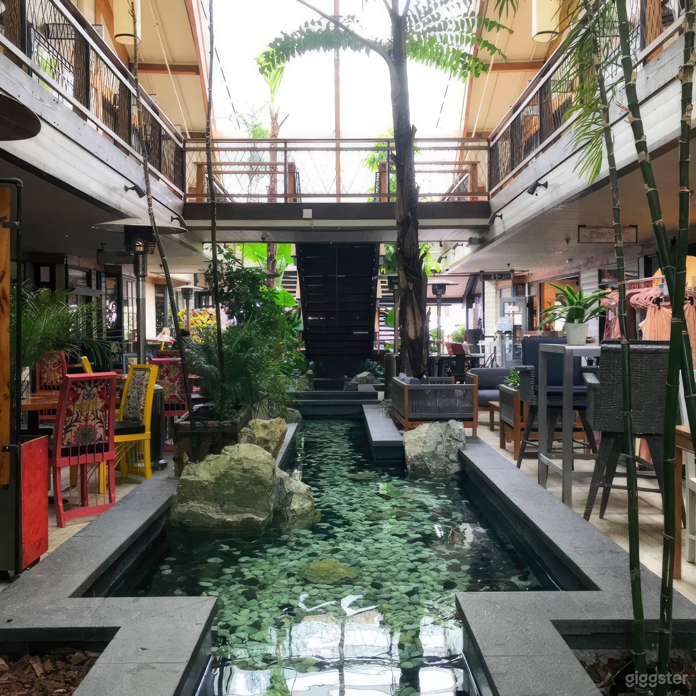 The inside of the atrium has large, natural trees and a beautiful stream
