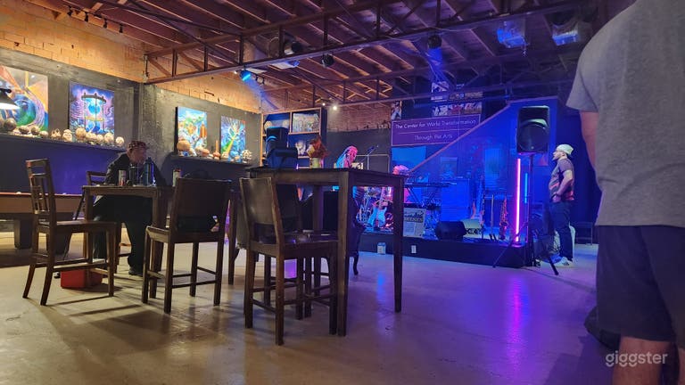  Speakeasy Style Bar Setting w/ Stage for Band and Pool Table 
