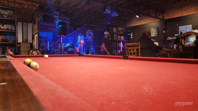  Speakeasy Style Bar Setting w/ Stage for Band and Pool Table 