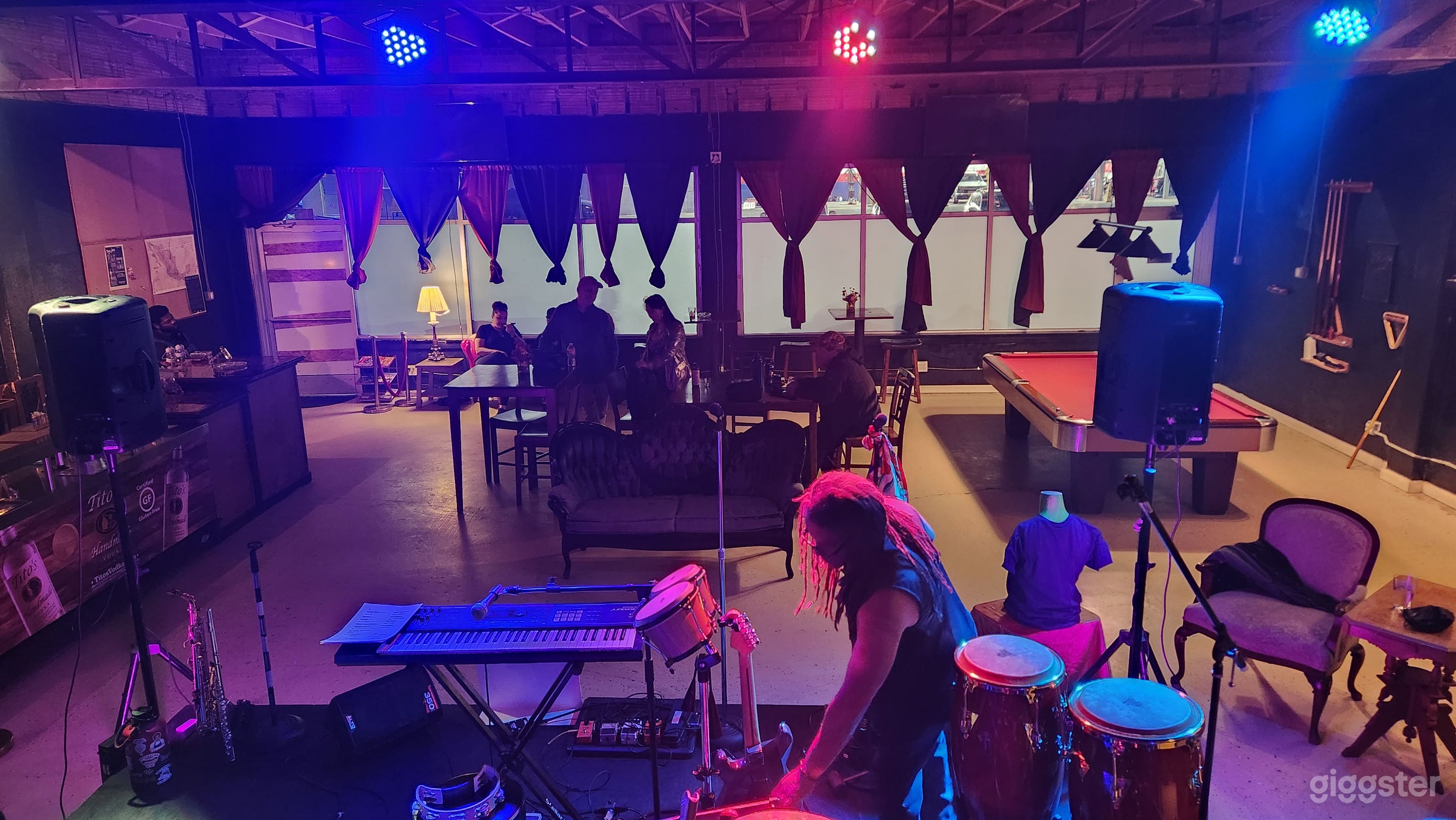 Speakeasy Style Bar Setting w/ Stage for Band and Pool Table Photo 1