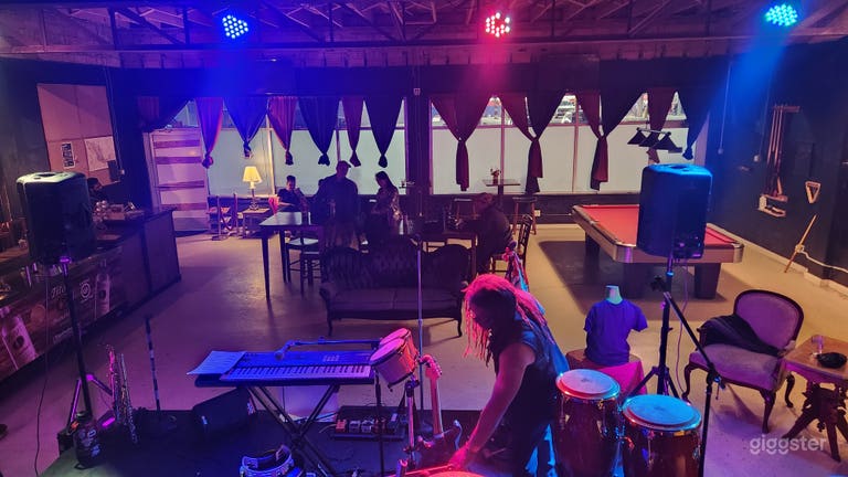  Speakeasy Style Bar Setting w/ Stage for Band and Pool Table 