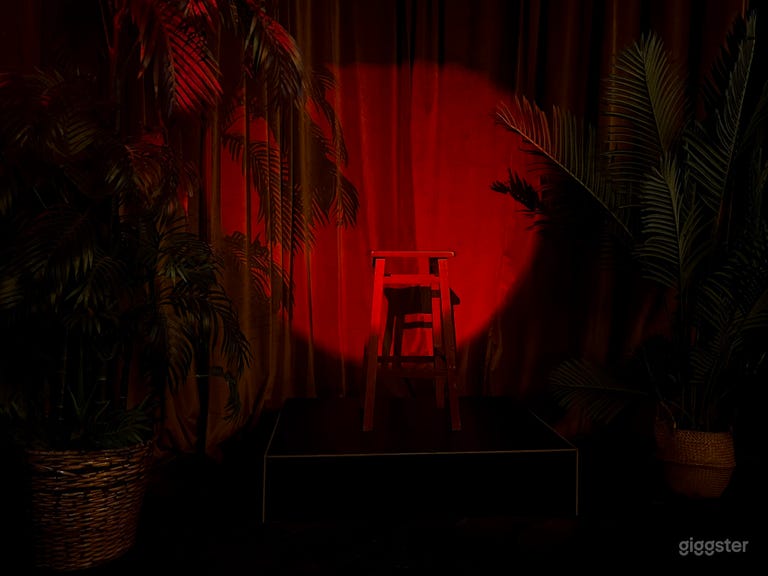  Bar set, LED lights, liquor bottles decor, red bar stools, stage, accent lounge chairs. 