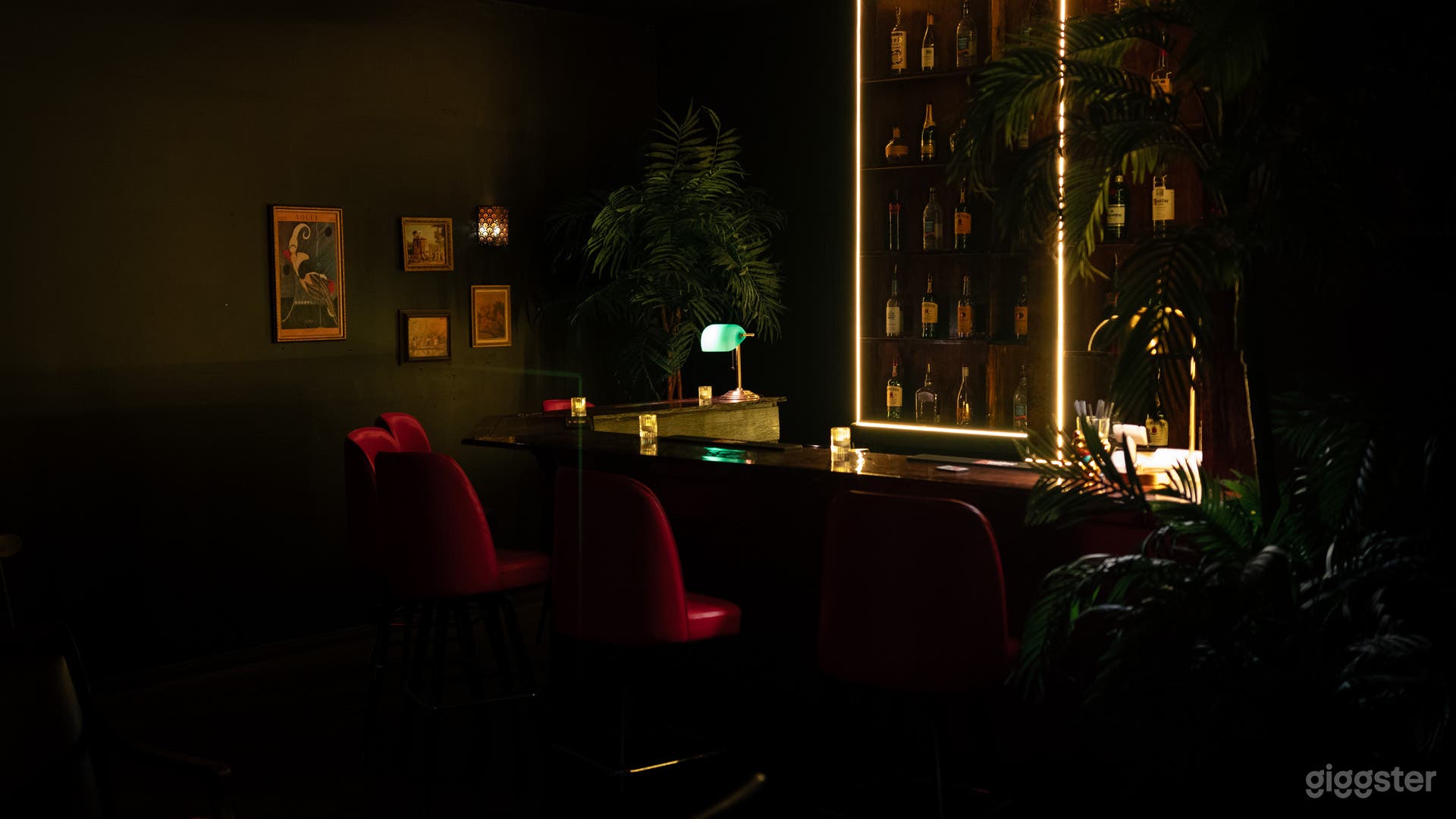 Bar set, LED lights, liquor bottles decor, red bar stools