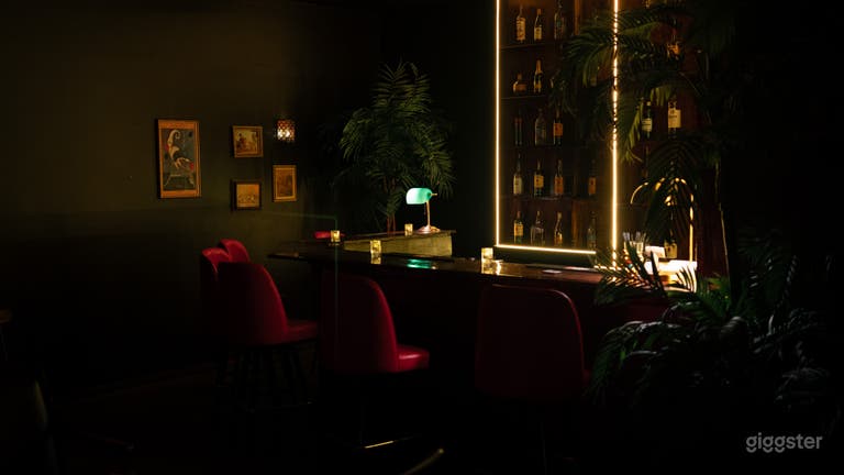  Bar set, LED lights, liquor bottles decor, red bar stools 