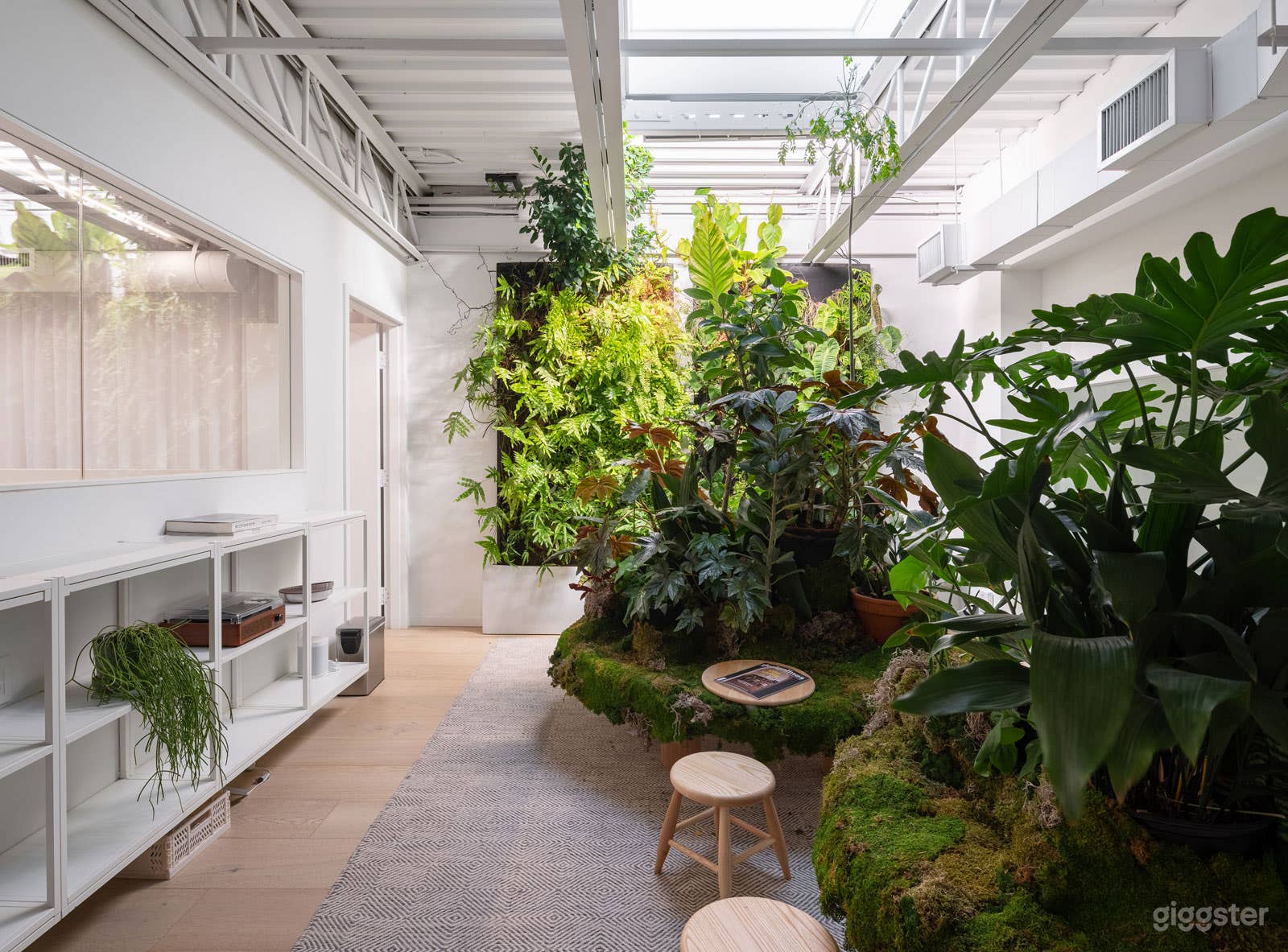 A room with skylight overlooking the galley and atrium.  Shown with temporary table plants for an event.  The live plant wall is a permanent fixture.  