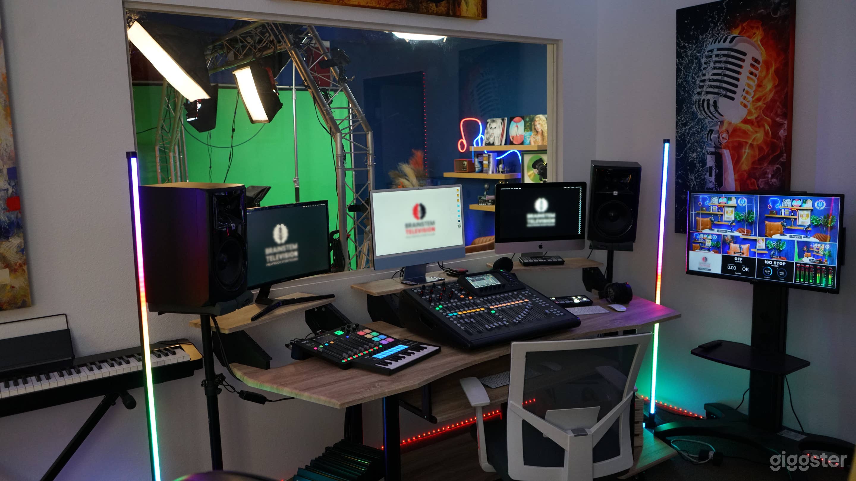 Our mixing room, where content is produced in real-time via our multicam setup, offers a place for off-camera guests to watch while a podcast is recorded.