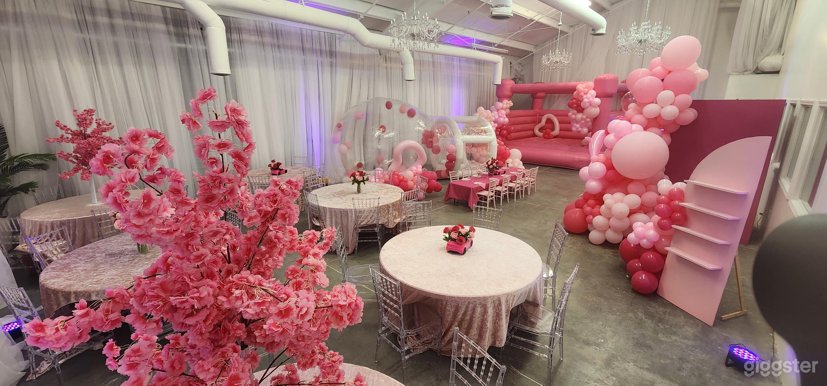 Premier Event Space with Barbie themed decor, bounces, and backdrops.