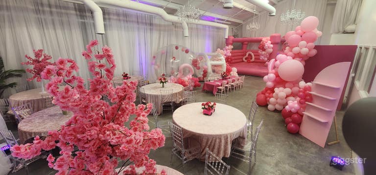 Premier Event Space with Barbie themed decor, bounces, and backdrops. 