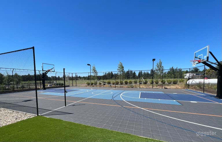  Sport court with basketball, pickleball and volleyball lines.  