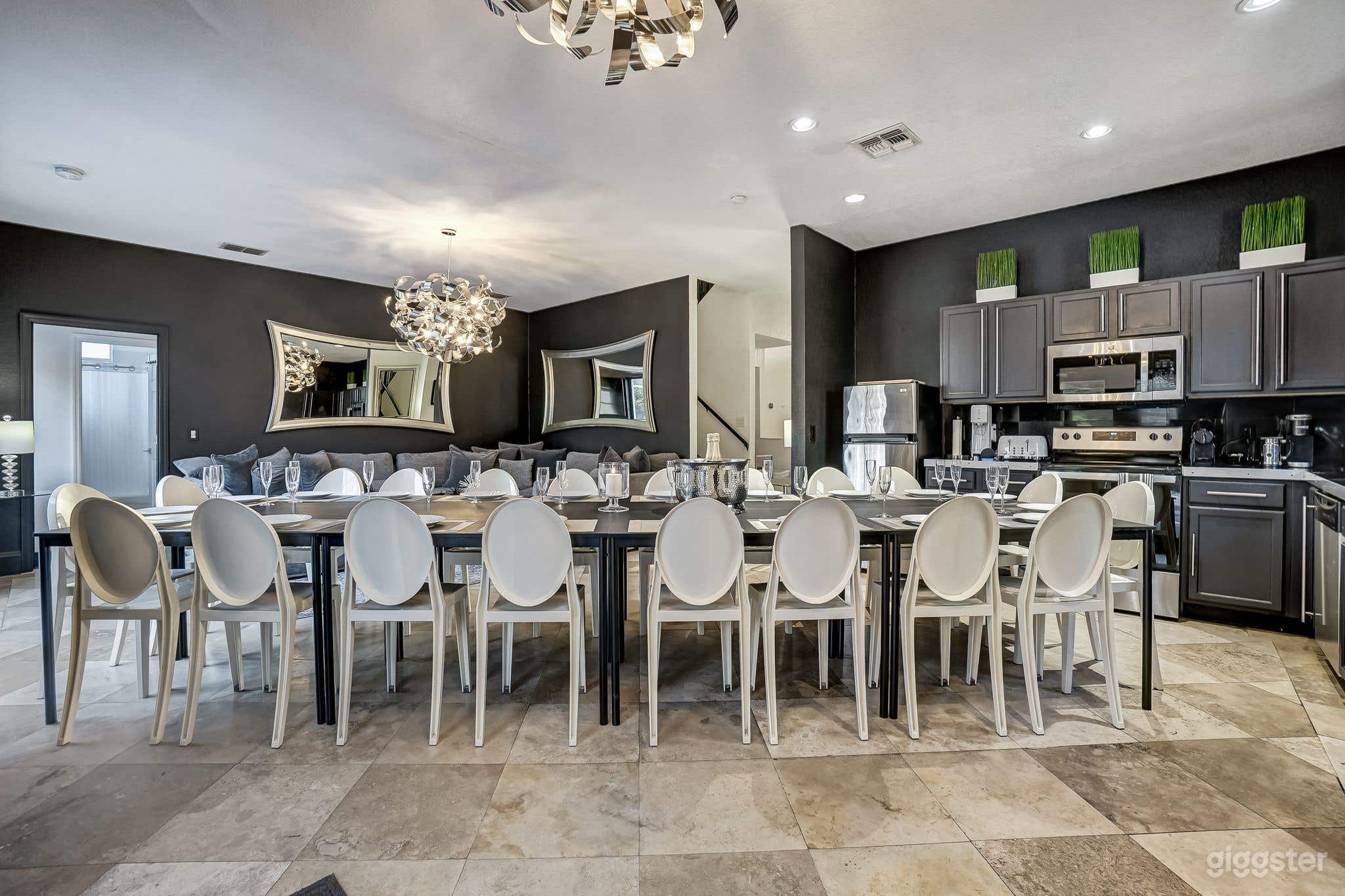 Private Dining Room with your entertaining private chef dinners with Philip Starck designed chairs for exclusive sit down dinners for up to 20 persons inside and 24 persons outside overlooking private pool &amp; golf. Then sip on a cocktail at Fire Pit.
