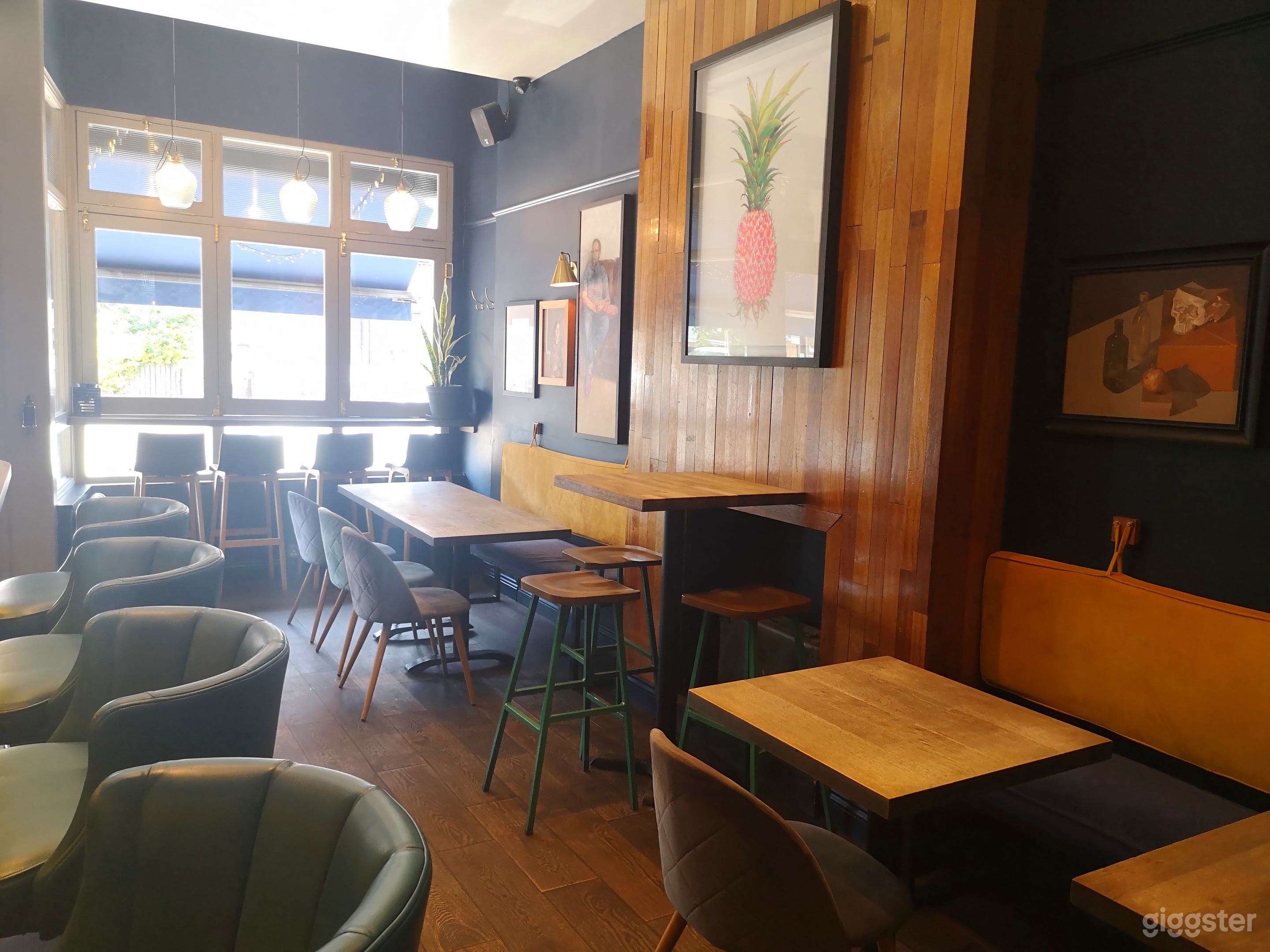 View towards front of bar showing central hinged windows that can be fully opened.