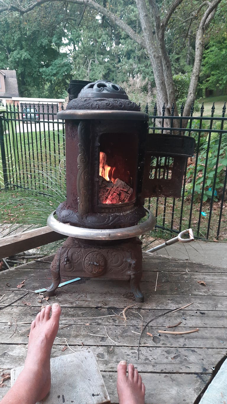  Franklin parlor stove on cabin deck. 