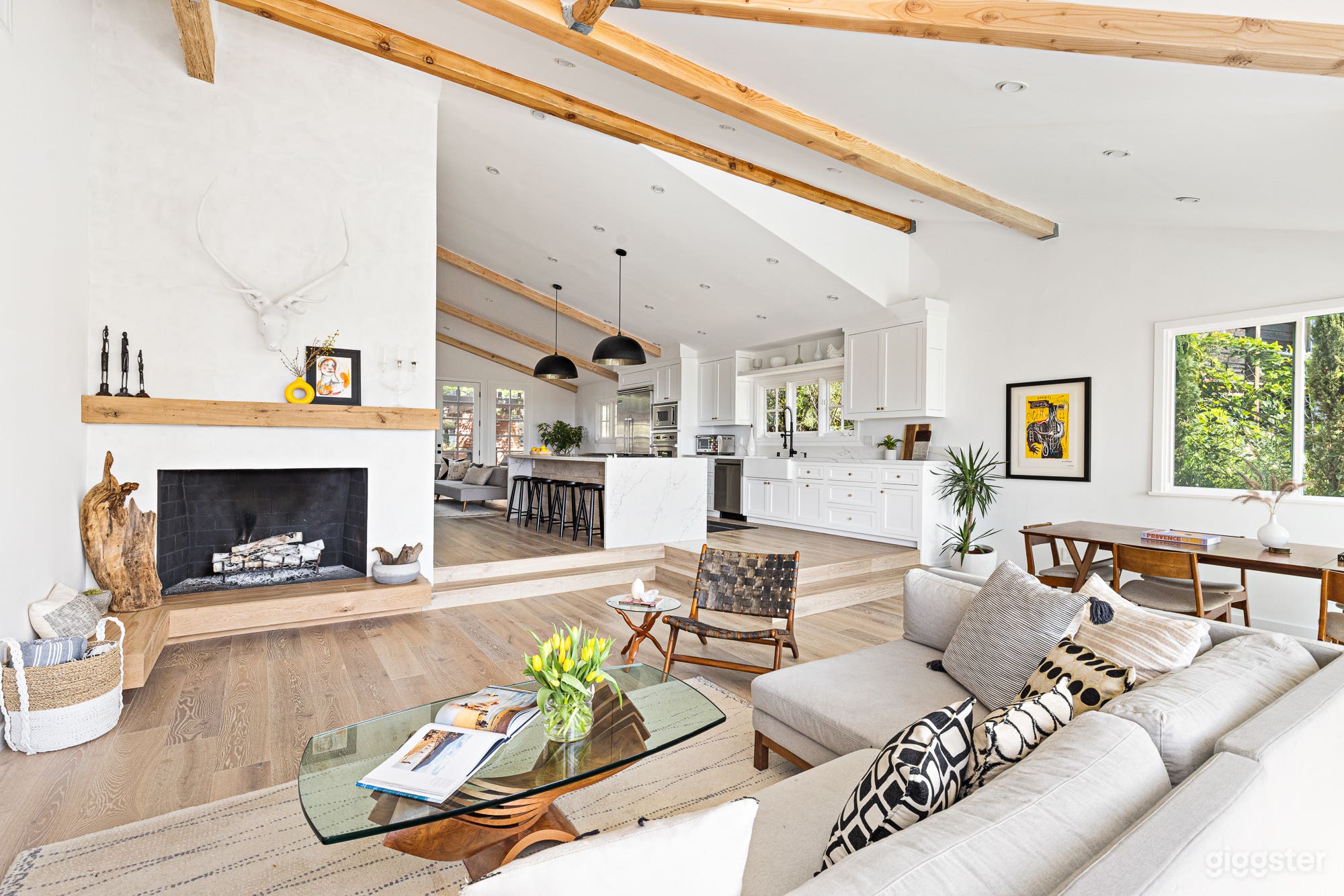 Step down den with large fireplace