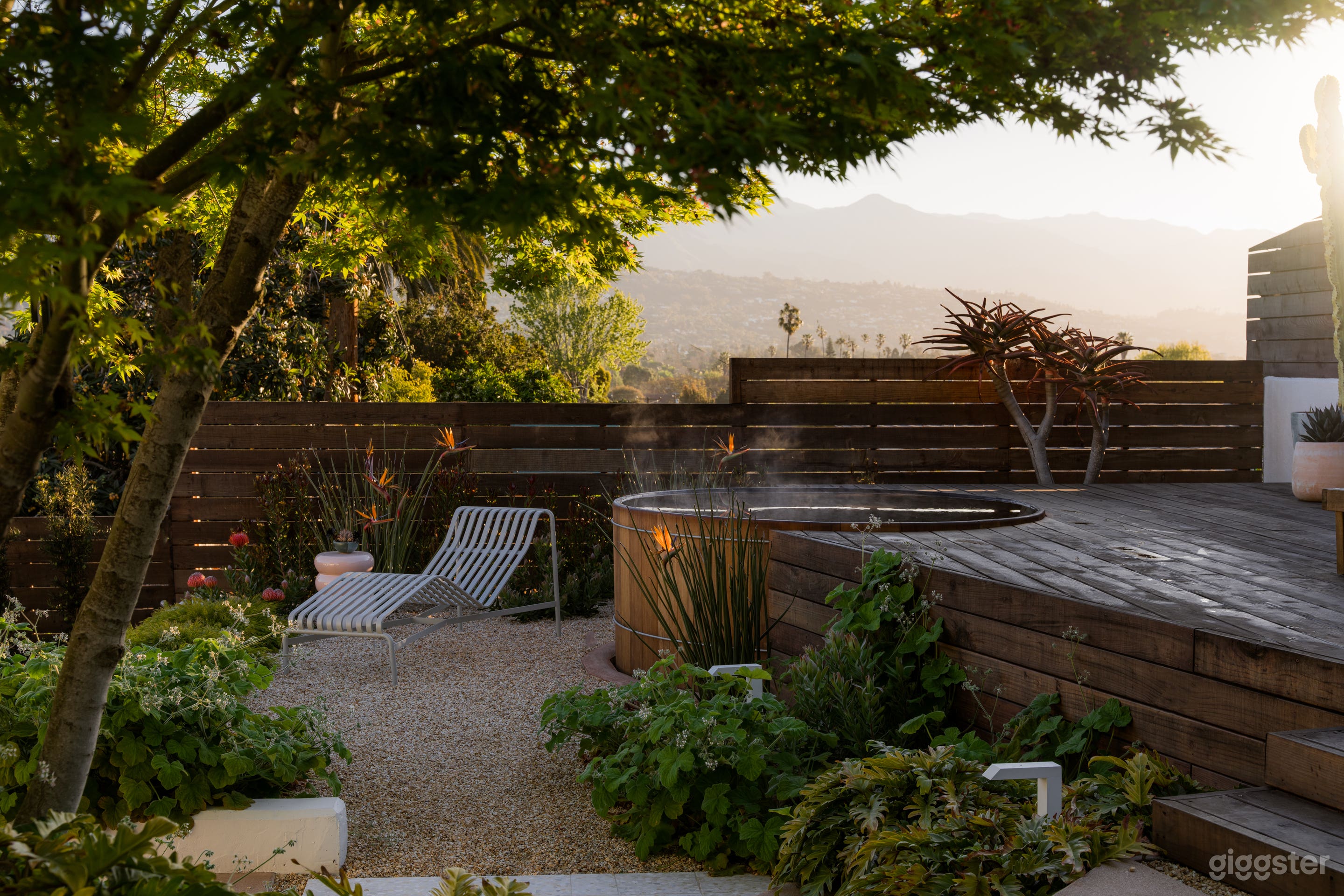 Morning view of the redwood tub, deck and mountains
