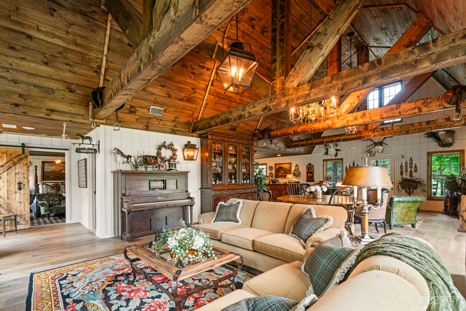 16' ceilings in great room of main house featuring many equestrian antiques, saddles, tack, etc.