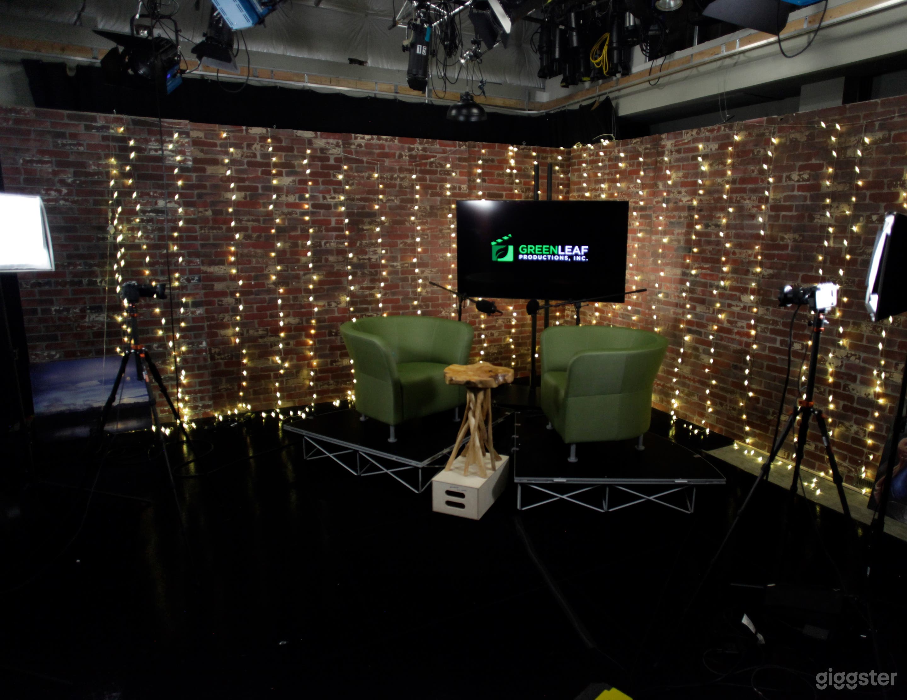 Video Podcast setup example with Brick background flats.