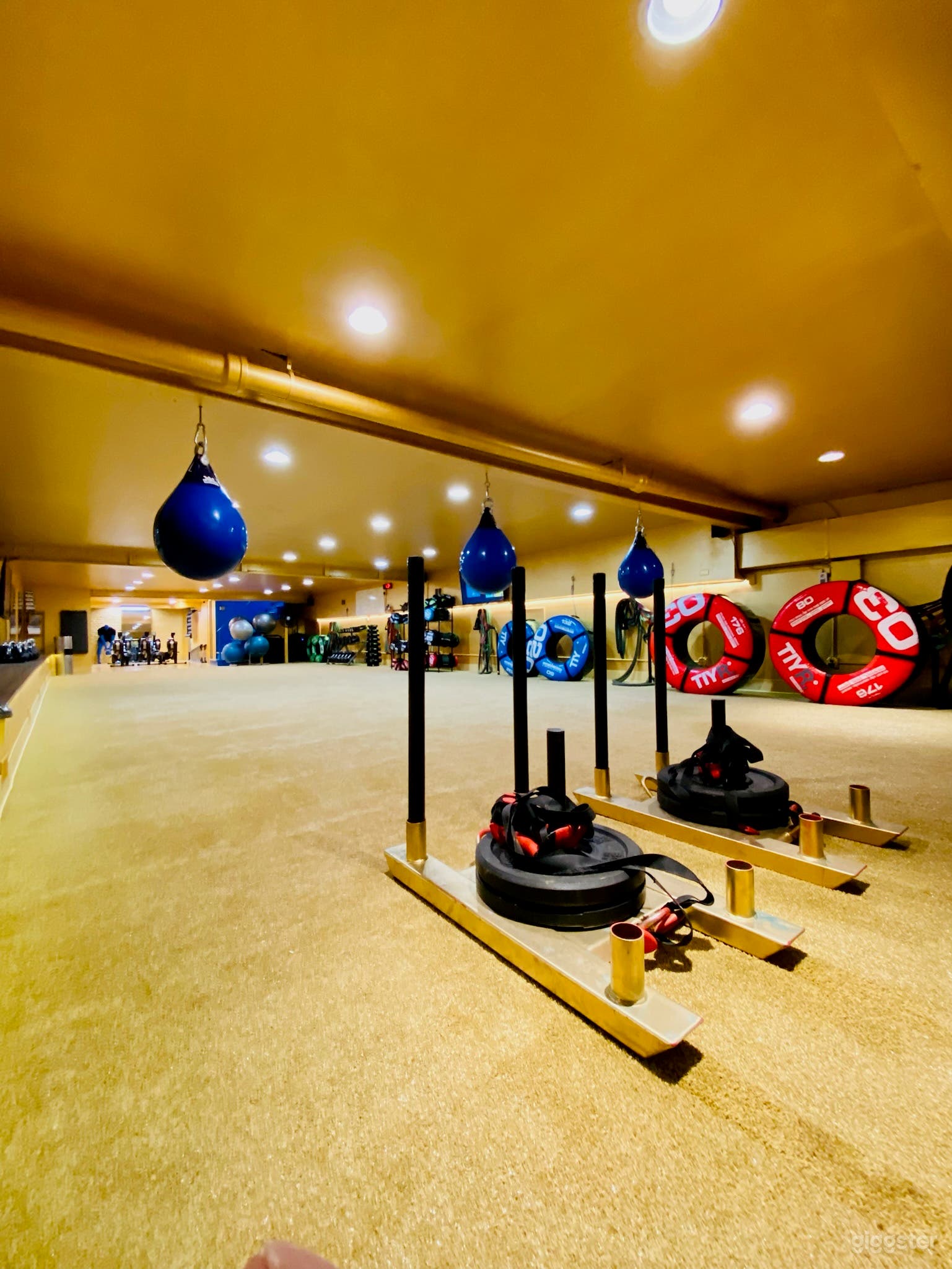 Downstairs studio. Entire floor is turf which enables the use of sleds, tires and various other fitness related activities.  TV monitors for visual capabilities.