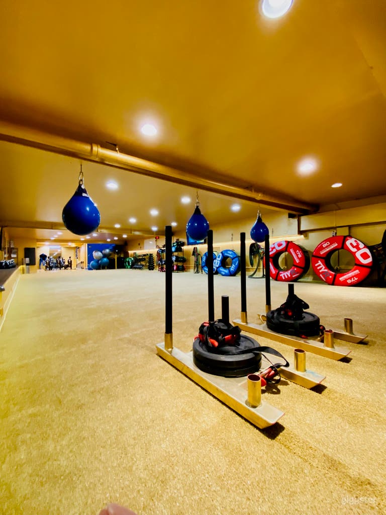  Downstairs studio. Entire floor is turf which enables the use of sleds, tires and various other fitness related activities.  TV monitors for visual capabilities. 