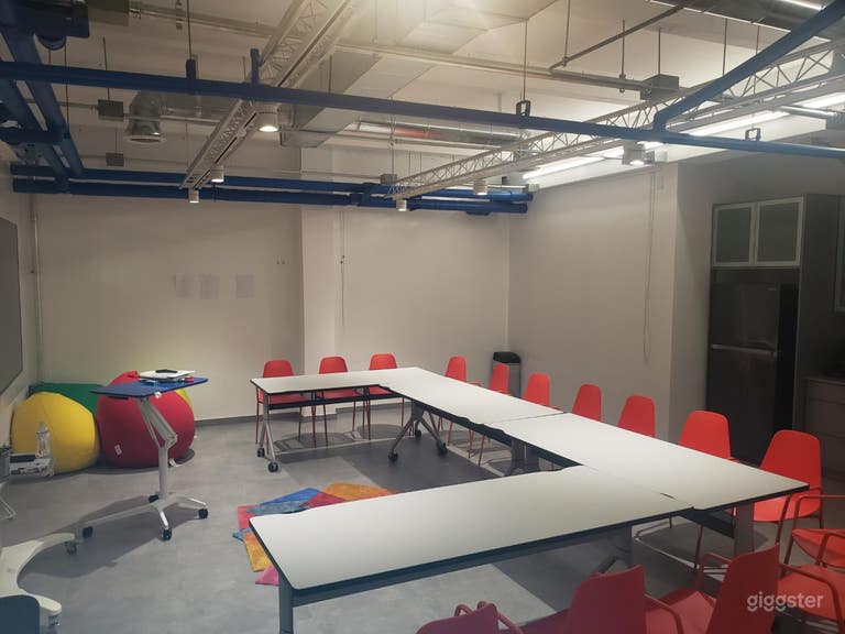  Setup with tables - most walls are pretreated to be used as whiteboards. 