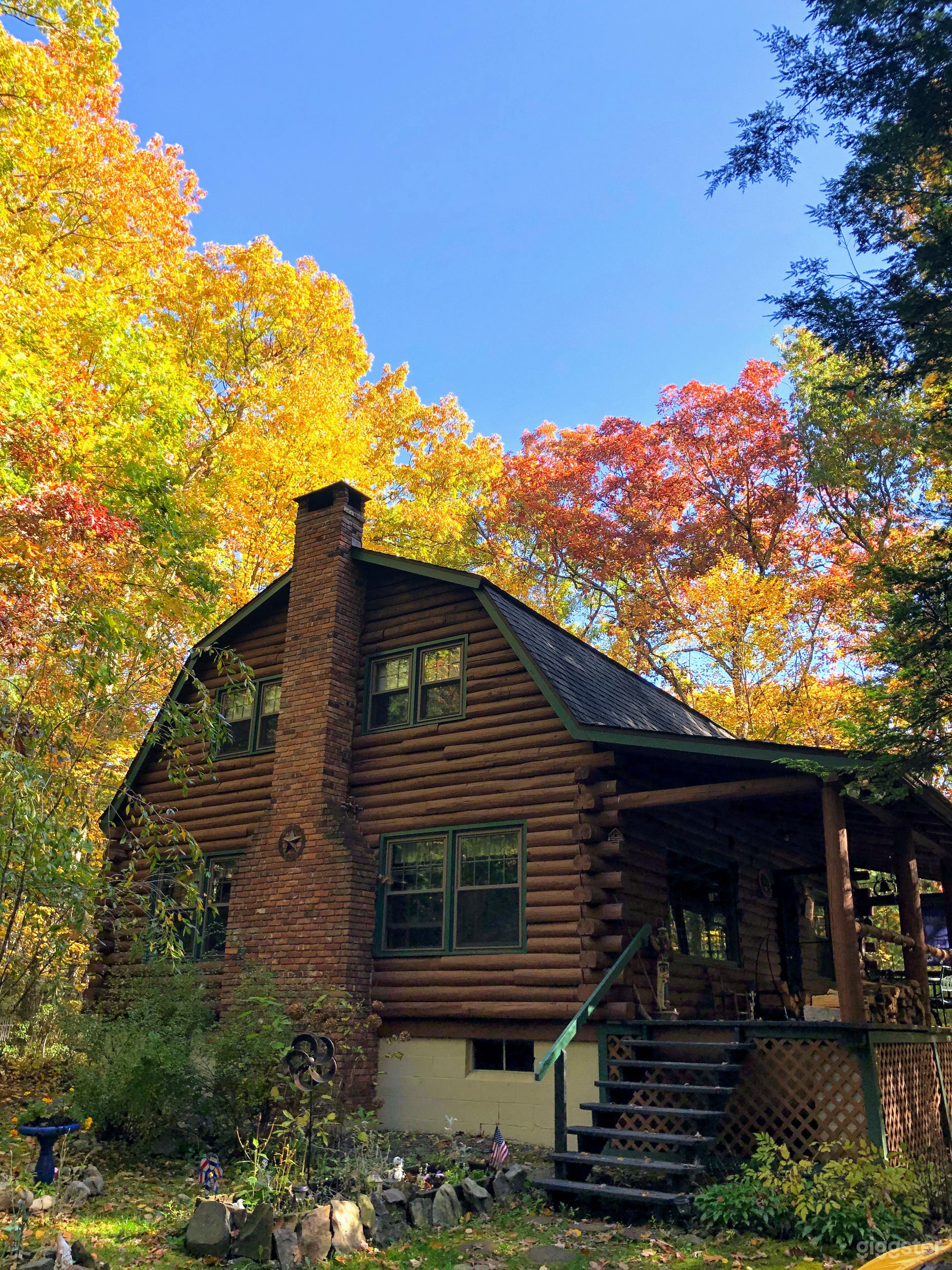 Oversized "state of the art "log house surrounded by tall oaks and pine trees. 